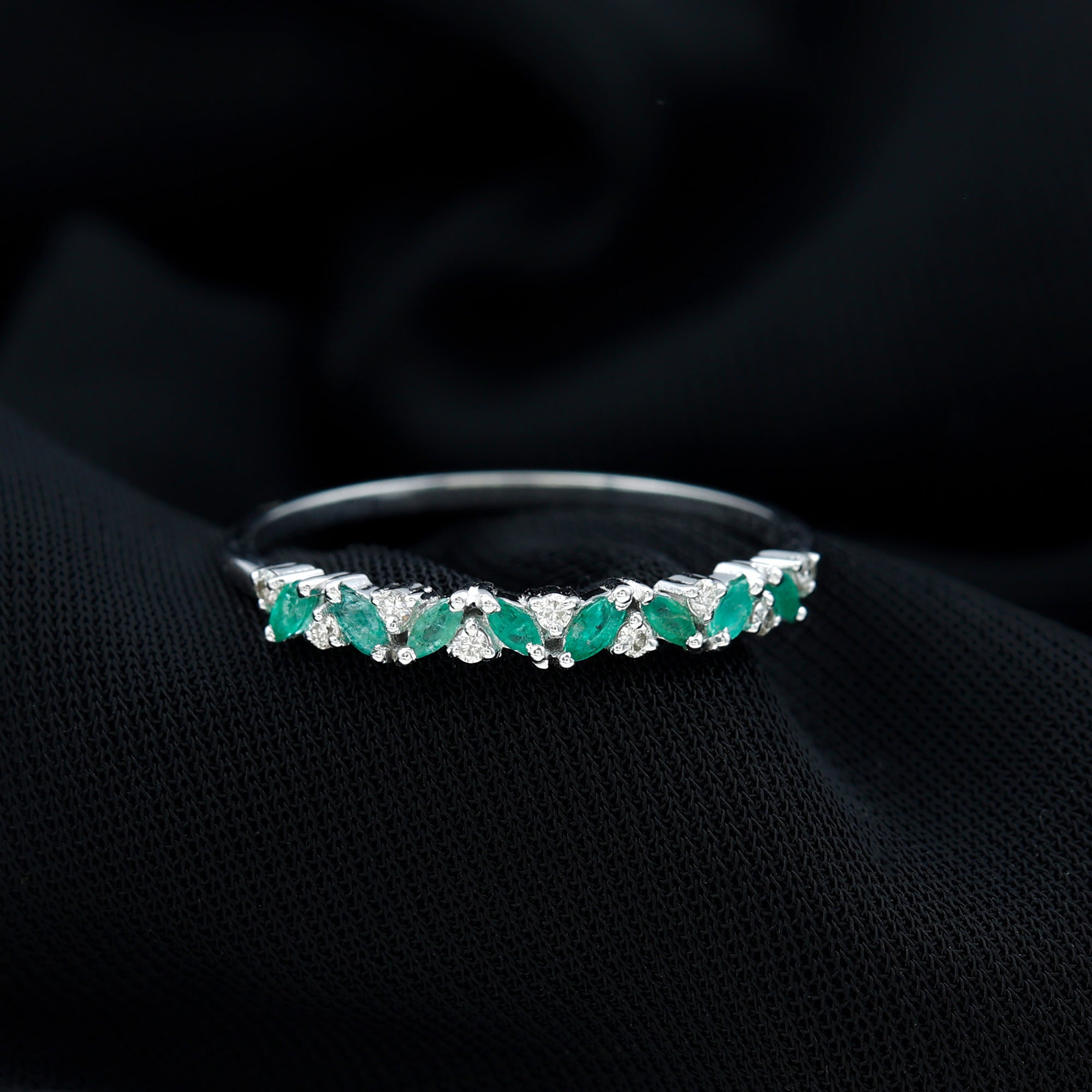 Rosec Jewels-Marquise Emerald and Diamond Half Eternity Ring