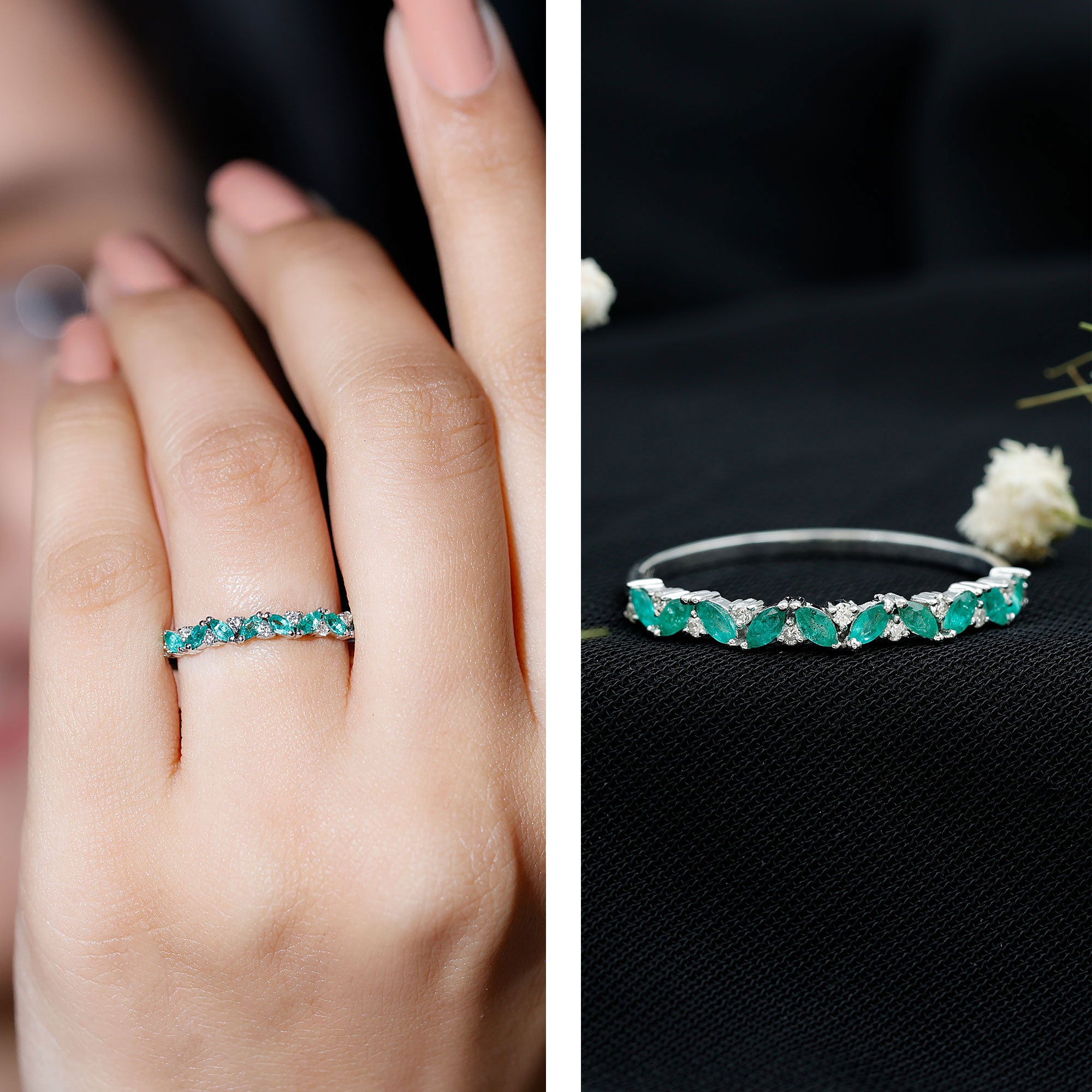 Rosec Jewels-Marquise Emerald and Diamond Half Eternity Ring