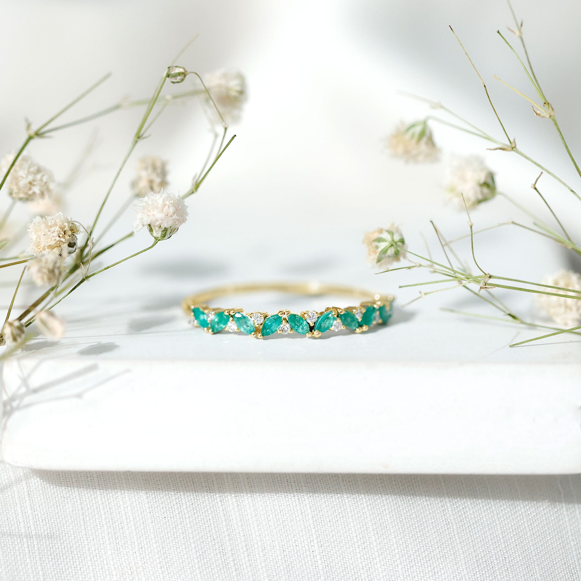 Rosec Jewels-Marquise Emerald and Diamond Half Eternity Ring
