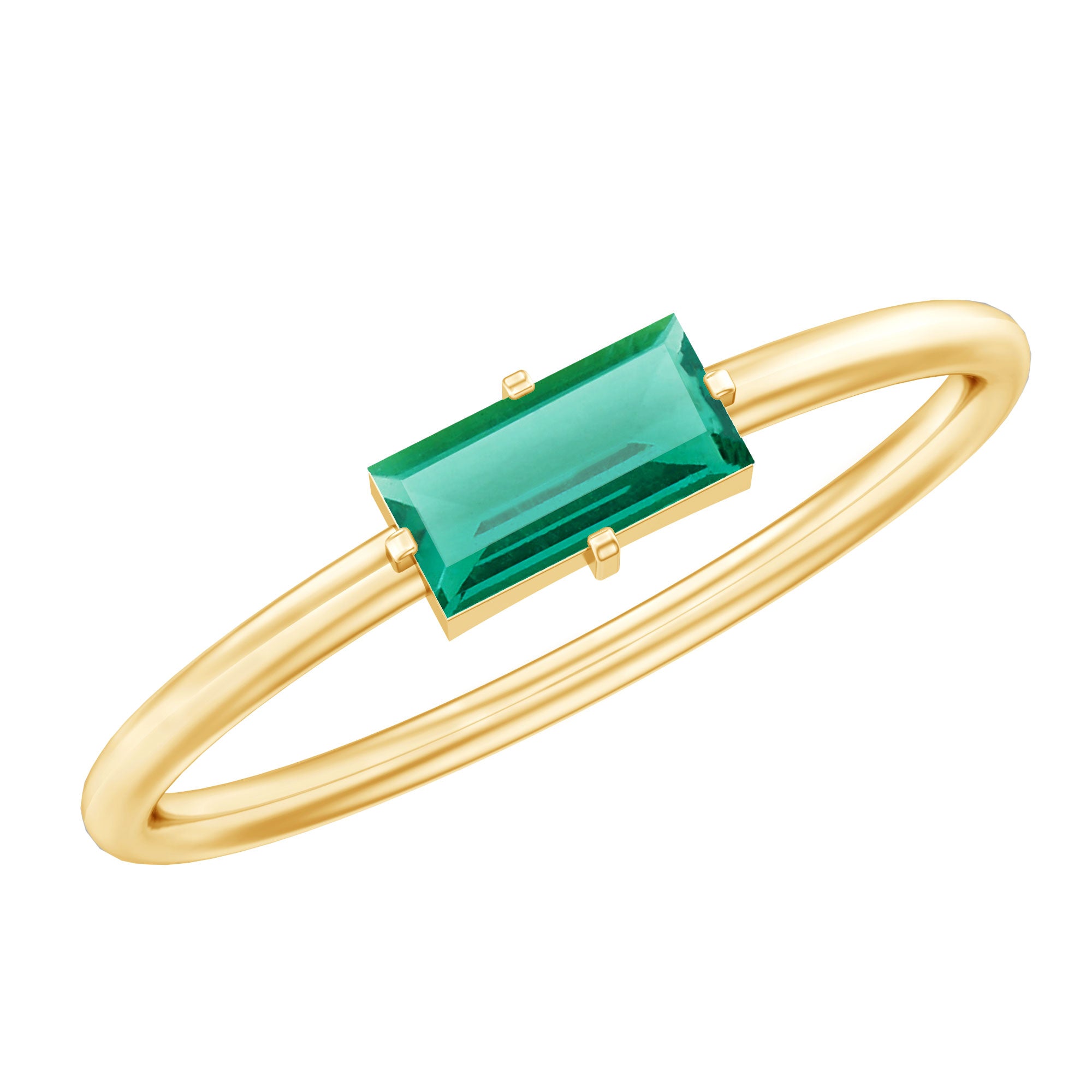 Baguette Cut Lab Emerald Solitaire Promise Ring in East West Style AAAA 14K Yellow Gold Plated Silver - Rosec Jewels