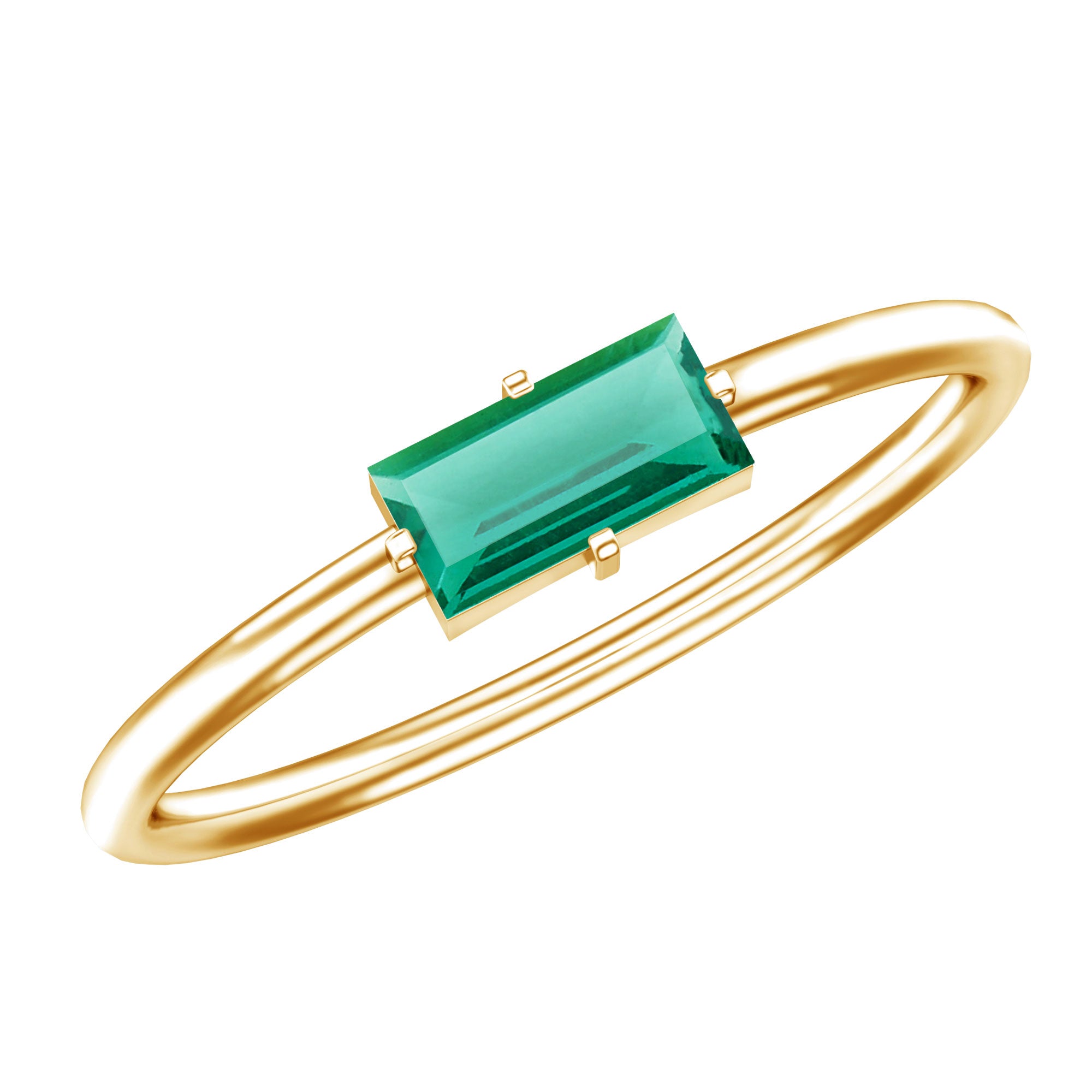 Baguette Cut Lab Emerald Solitaire Promise Ring in East West Style AAAA 14K Yellow Gold Plated Silver - Rosec Jewels