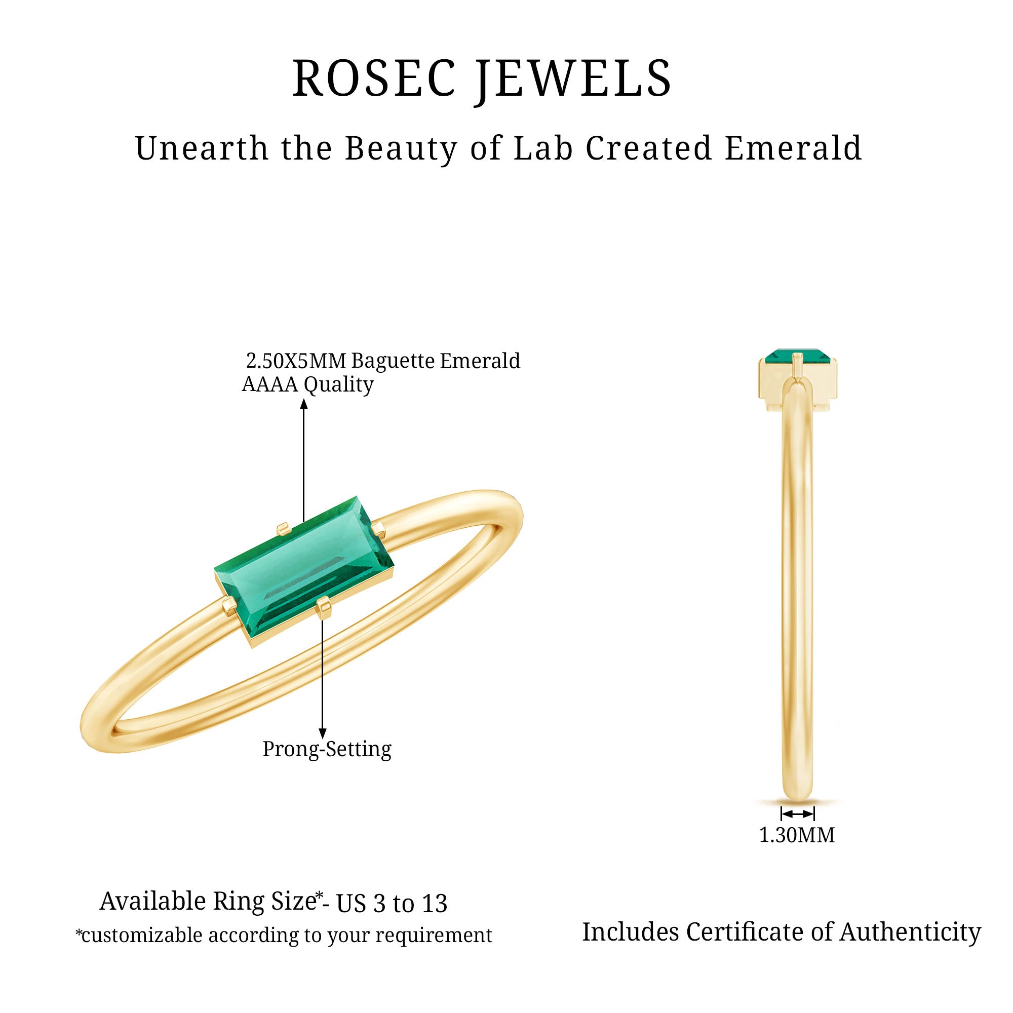 Baguette Cut Lab Emerald Solitaire Promise Ring in East West Style AAAA 14K Yellow Gold Plated Silver - Rosec Jewels