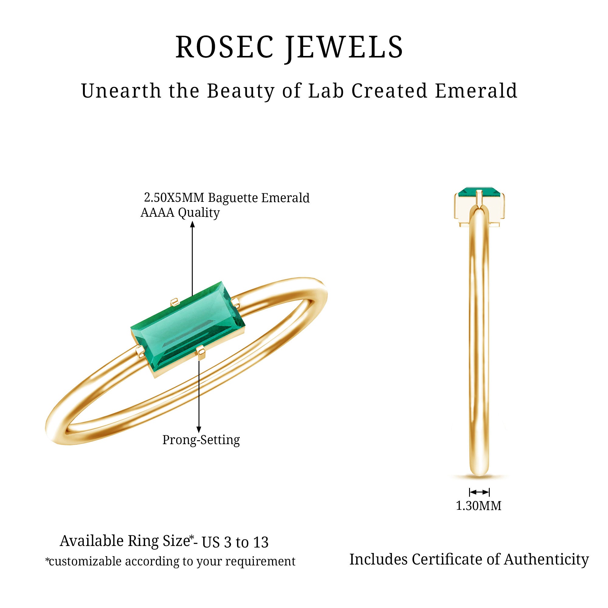 Baguette Cut Lab Emerald Solitaire Promise Ring in East West Style AAAA 14K Yellow Gold Plated Silver - Rosec Jewels