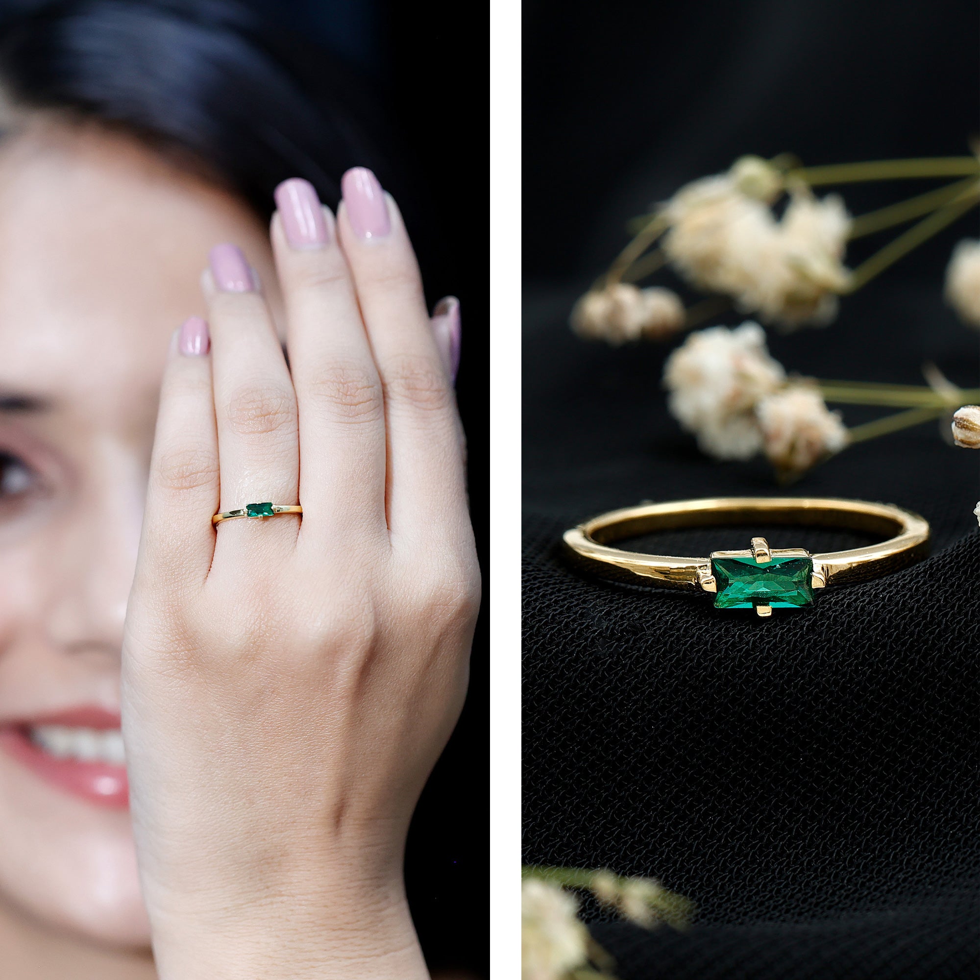 Baguette Cut Lab Emerald Solitaire Promise Ring in East West Style AAAA 14K Yellow Gold Plated Silver - Rosec Jewels