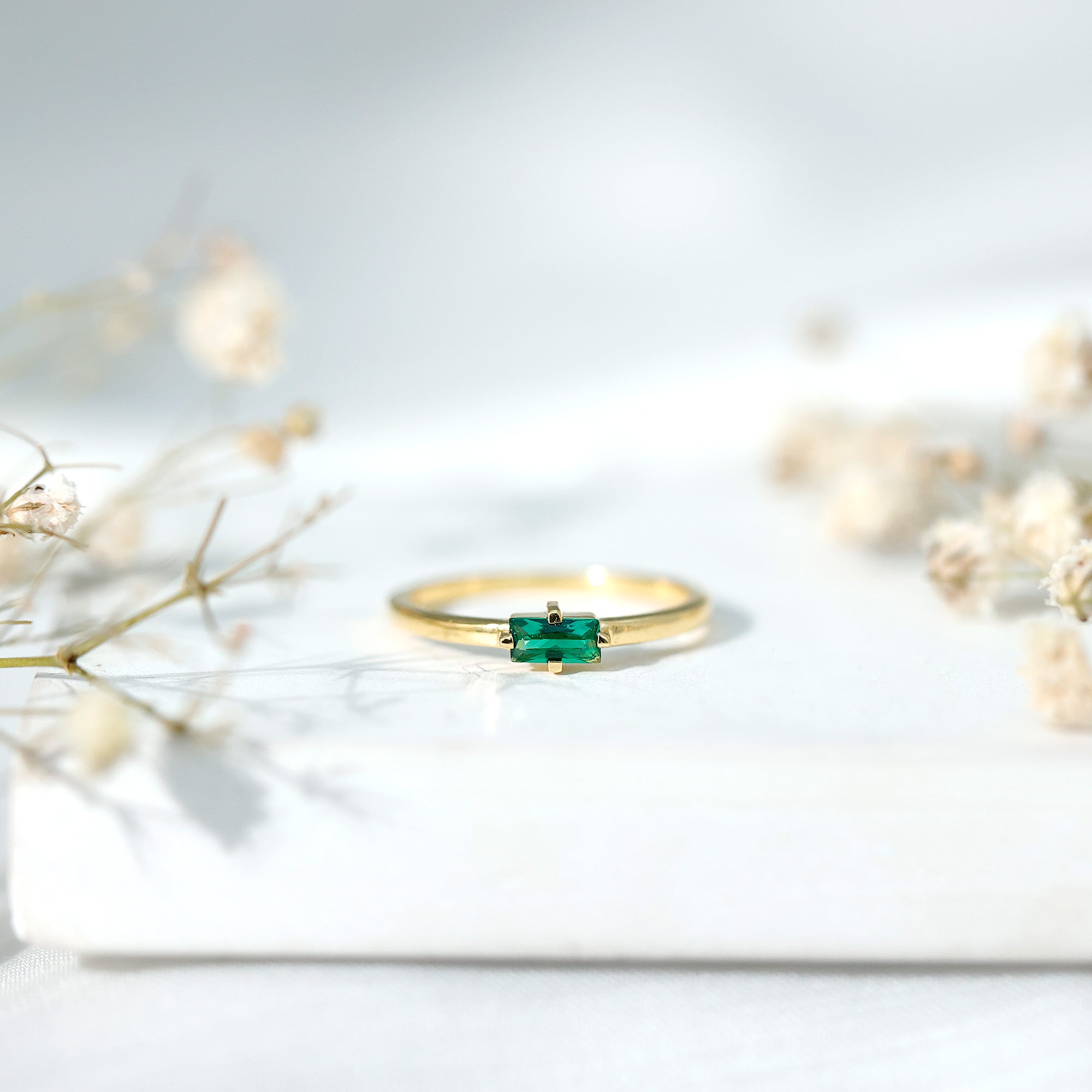 Baguette Cut Lab Emerald Solitaire Promise Ring in East West Style AAAA 14K Yellow Gold Plated Silver - Rosec Jewels