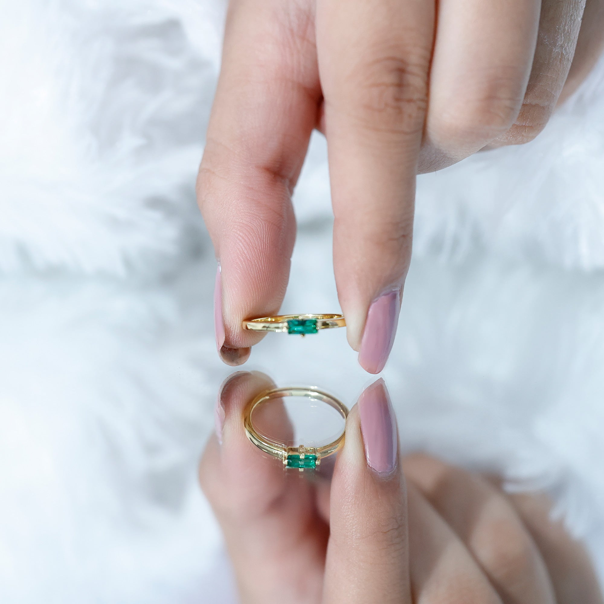 Baguette Cut Lab Emerald Solitaire Promise Ring in East West Style AAAA 14K Yellow Gold Plated Silver - Rosec Jewels