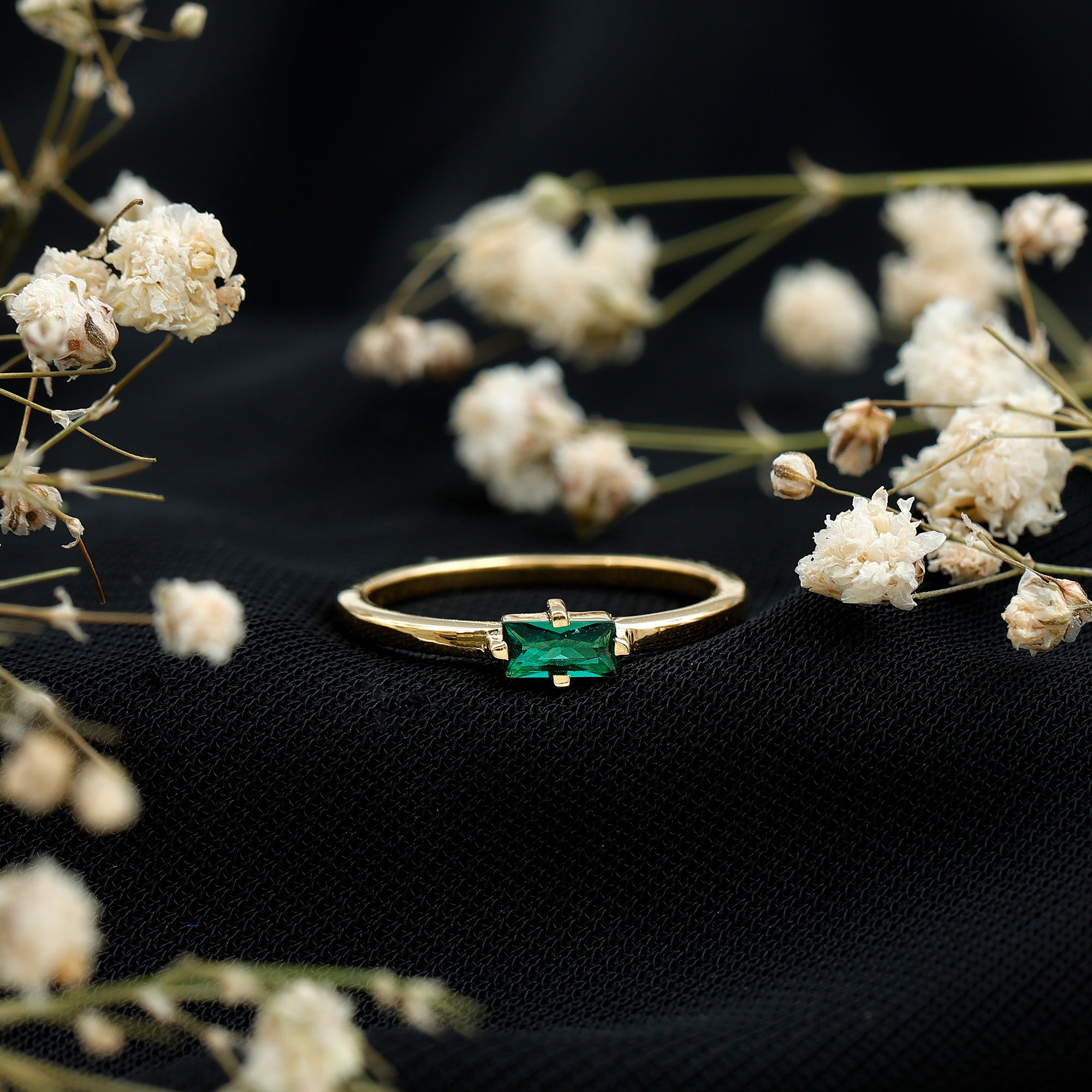 Baguette Cut Lab Emerald Solitaire Promise Ring in East West Style AAAA 14K Yellow Gold Plated Silver - Rosec Jewels