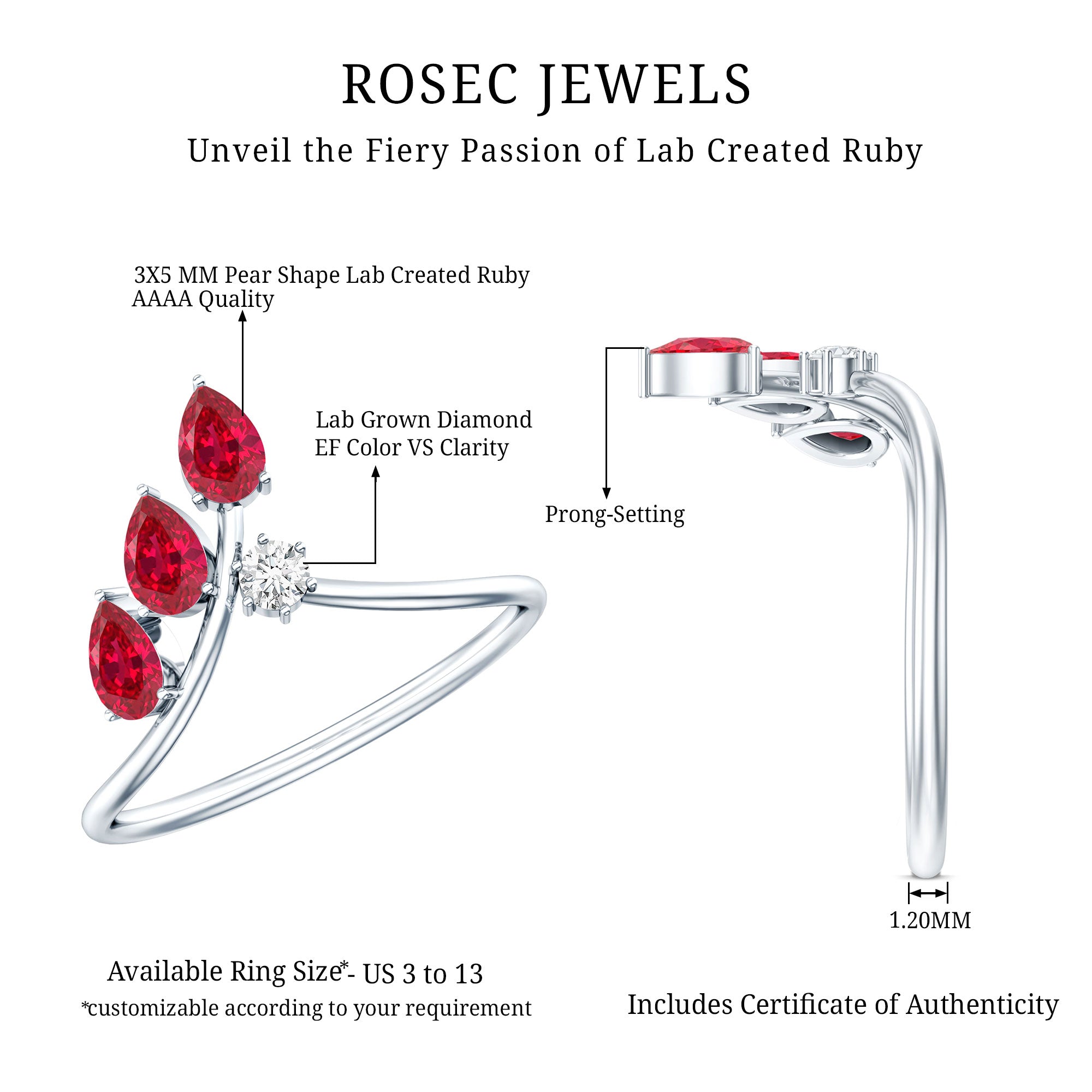 Certified Lab Grown Ruby Ring Guard with Diamond AAAA - Rosec Jewels