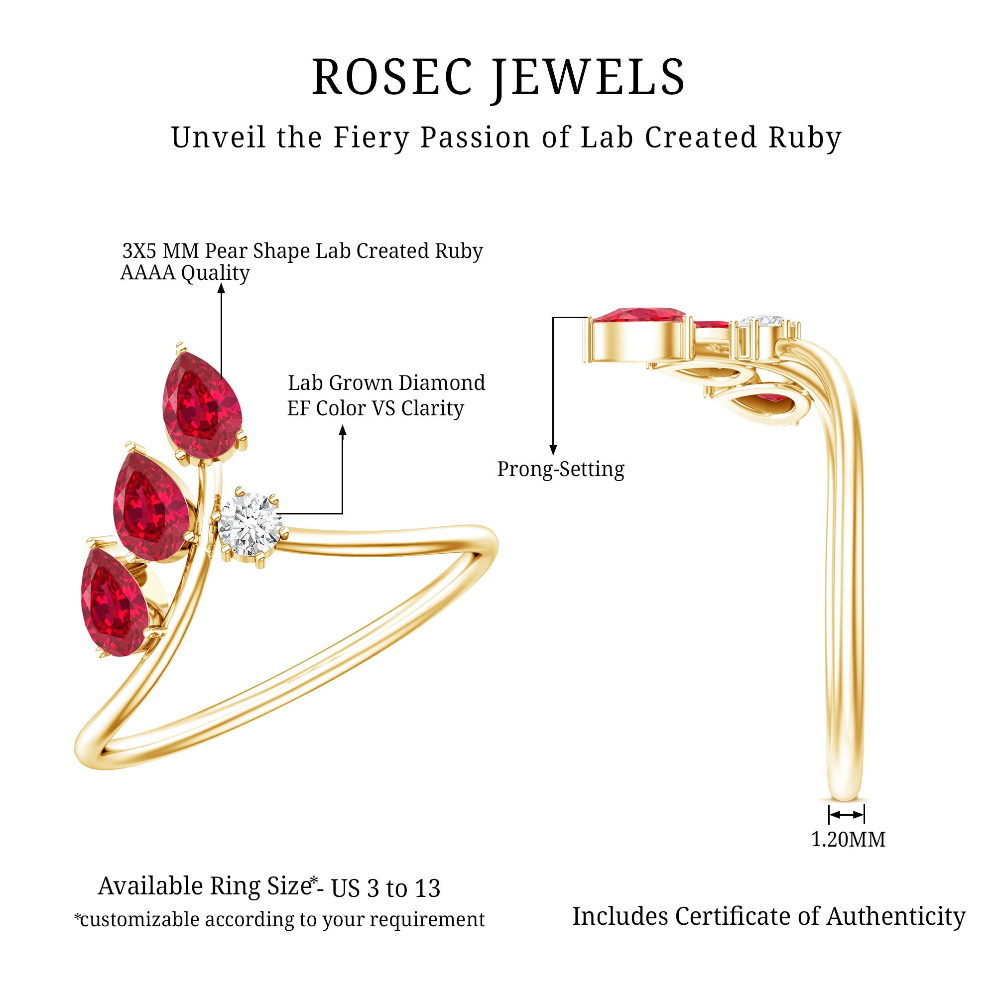 Certified Lab Grown Ruby Ring Guard with Diamond AAAA - Rosec Jewels