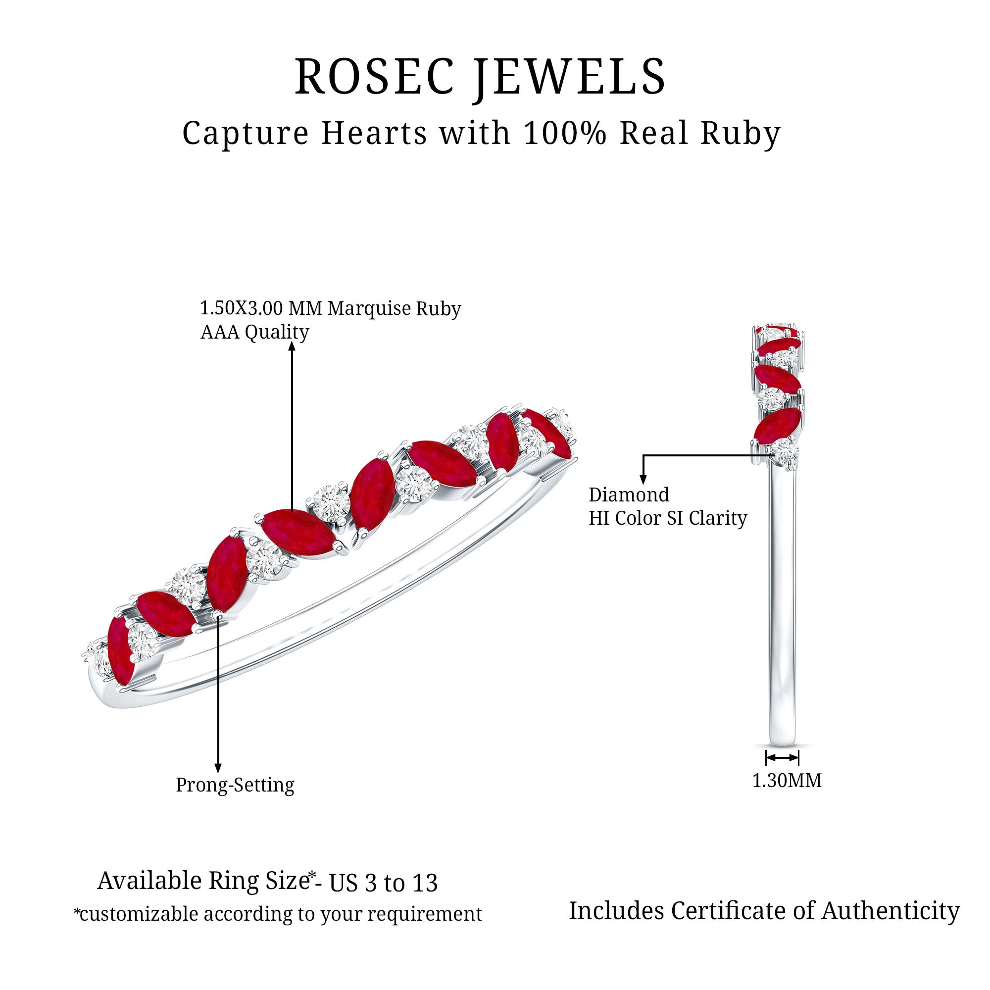 Rosec Jewels-Natural Marquise Ruby Half Eternity Ring with Diamond