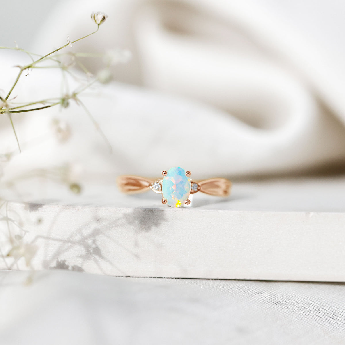 Natural Solitaire Ethiopian Opal Diamond Oval Engagement Ring With Pinched Shank AAA - Rosec Jewels