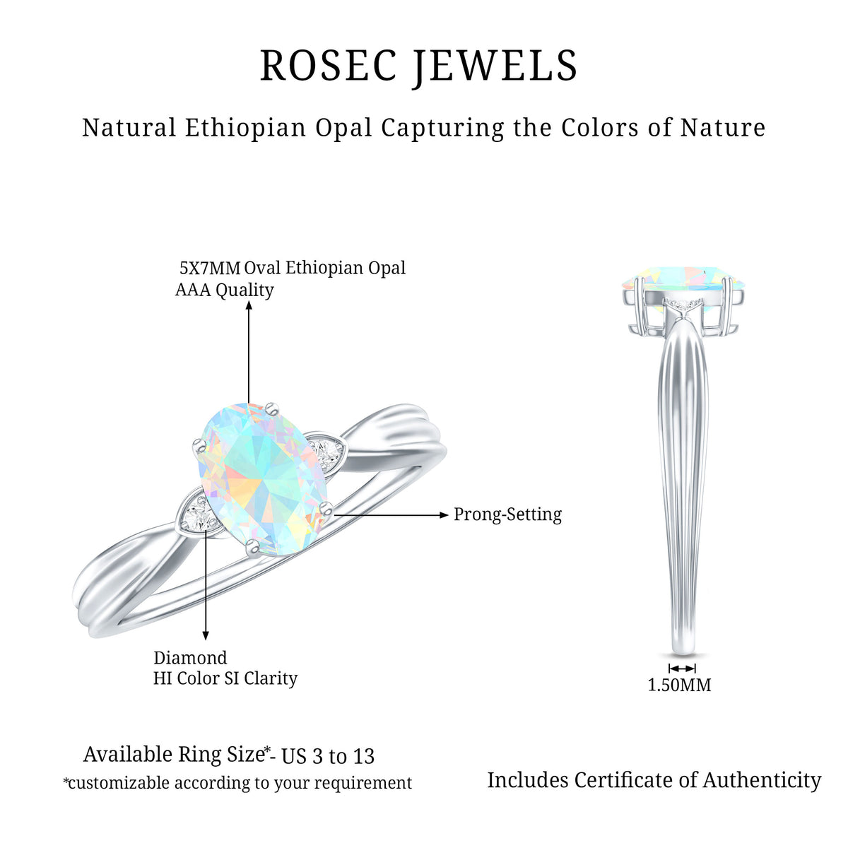 Natural Solitaire Ethiopian Opal Diamond Oval Engagement Ring With Pinched Shank AAA - Rosec Jewels