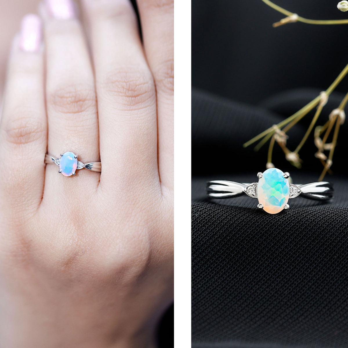Natural Solitaire Ethiopian Opal Diamond Oval Engagement Ring With Pinched Shank AAA - Rosec Jewels