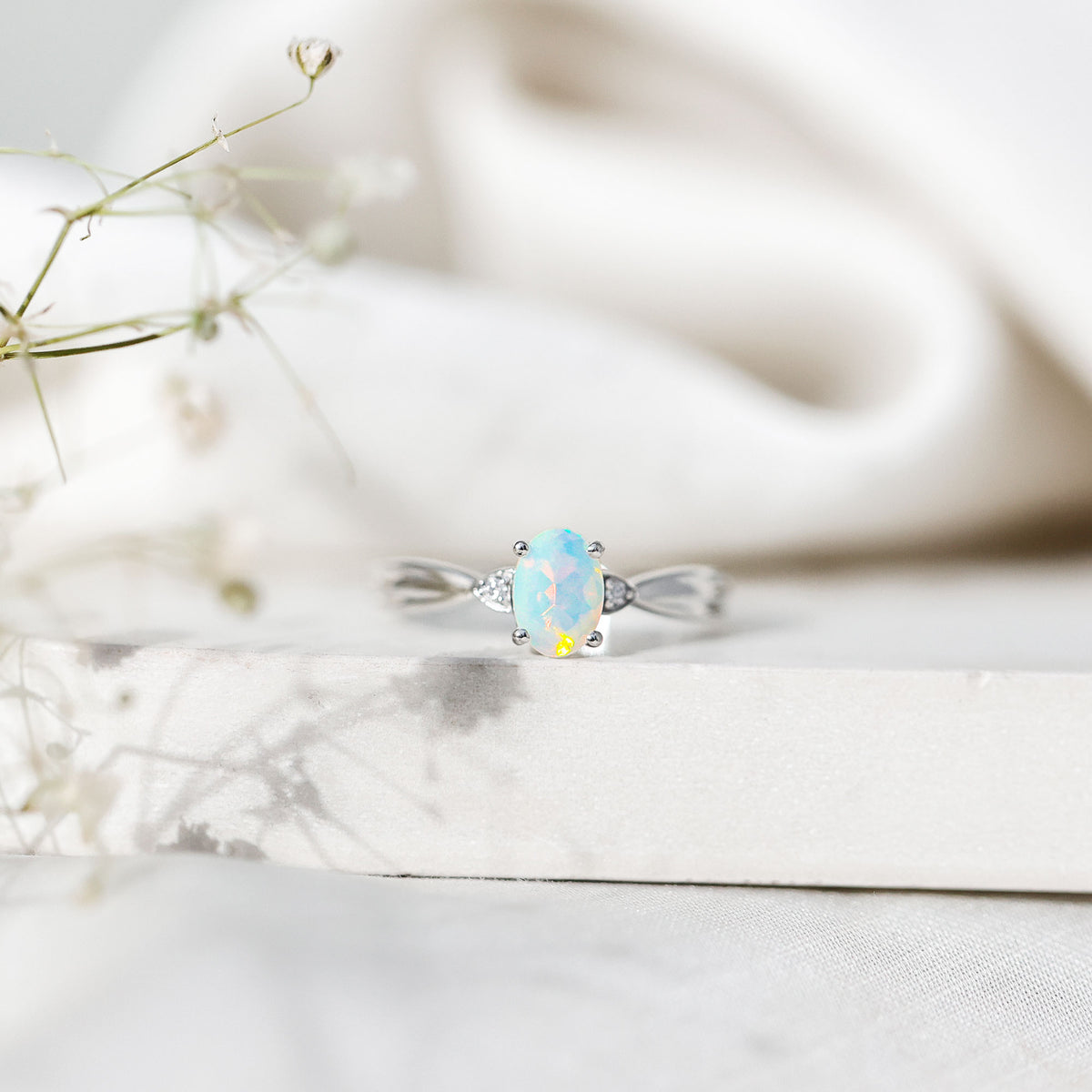Natural Solitaire Ethiopian Opal Diamond Oval Engagement Ring With Pinched Shank AAA - Rosec Jewels