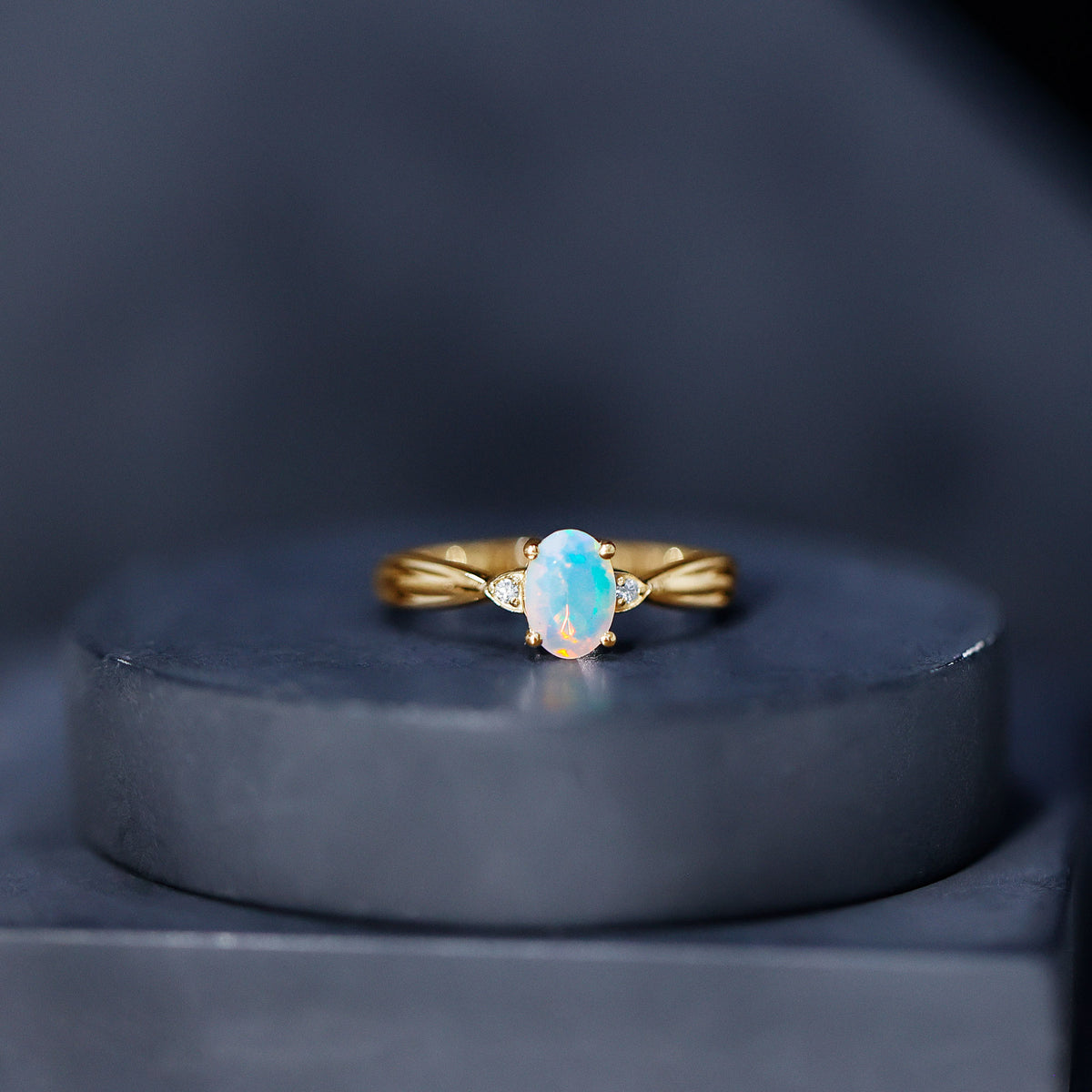 Natural Solitaire Ethiopian Opal Diamond Oval Engagement Ring With Pinched Shank AAA - Rosec Jewels