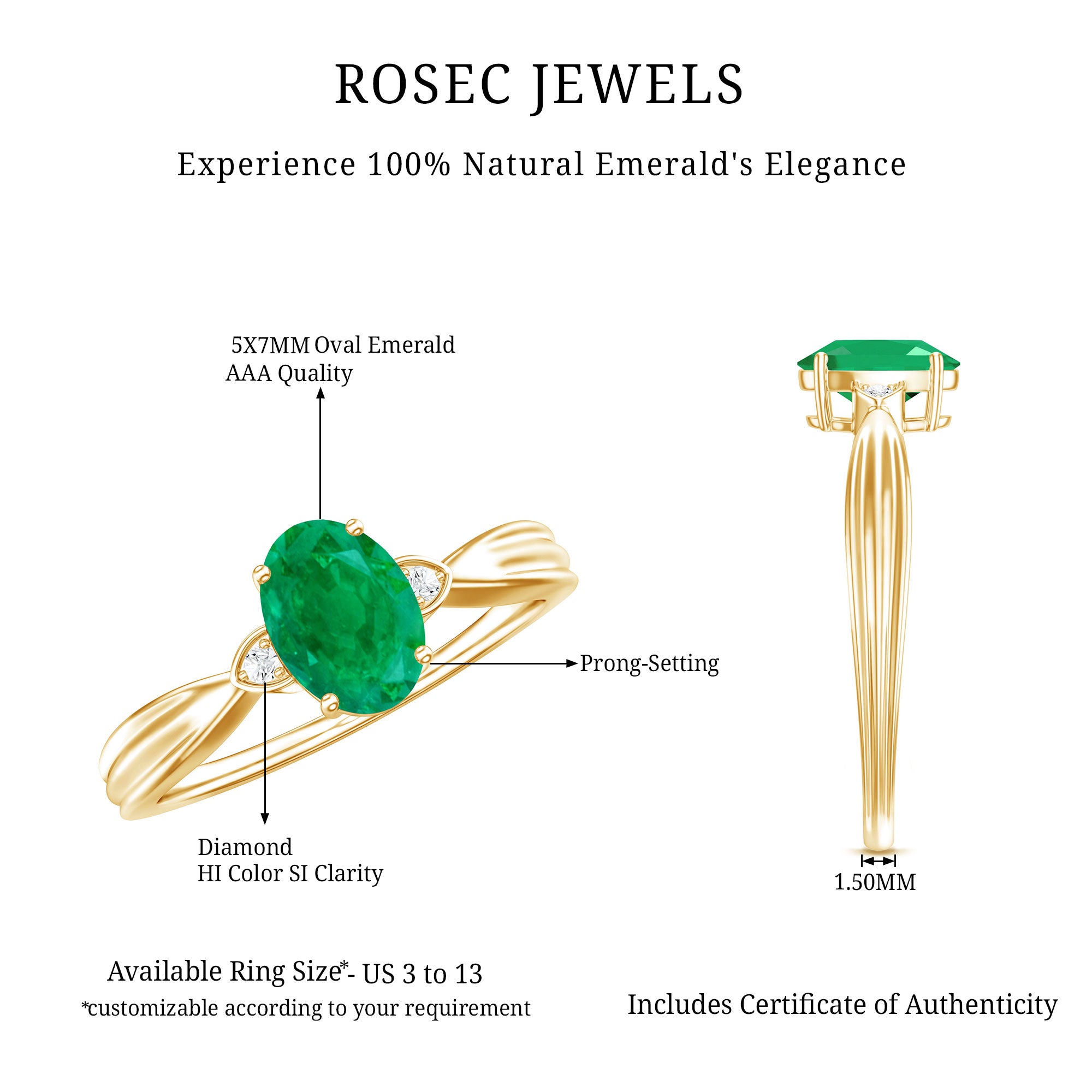 5X7 mm Oval Cut Emerald Vintage Engagement Ring with Diamond AAA - Rosec Jewels