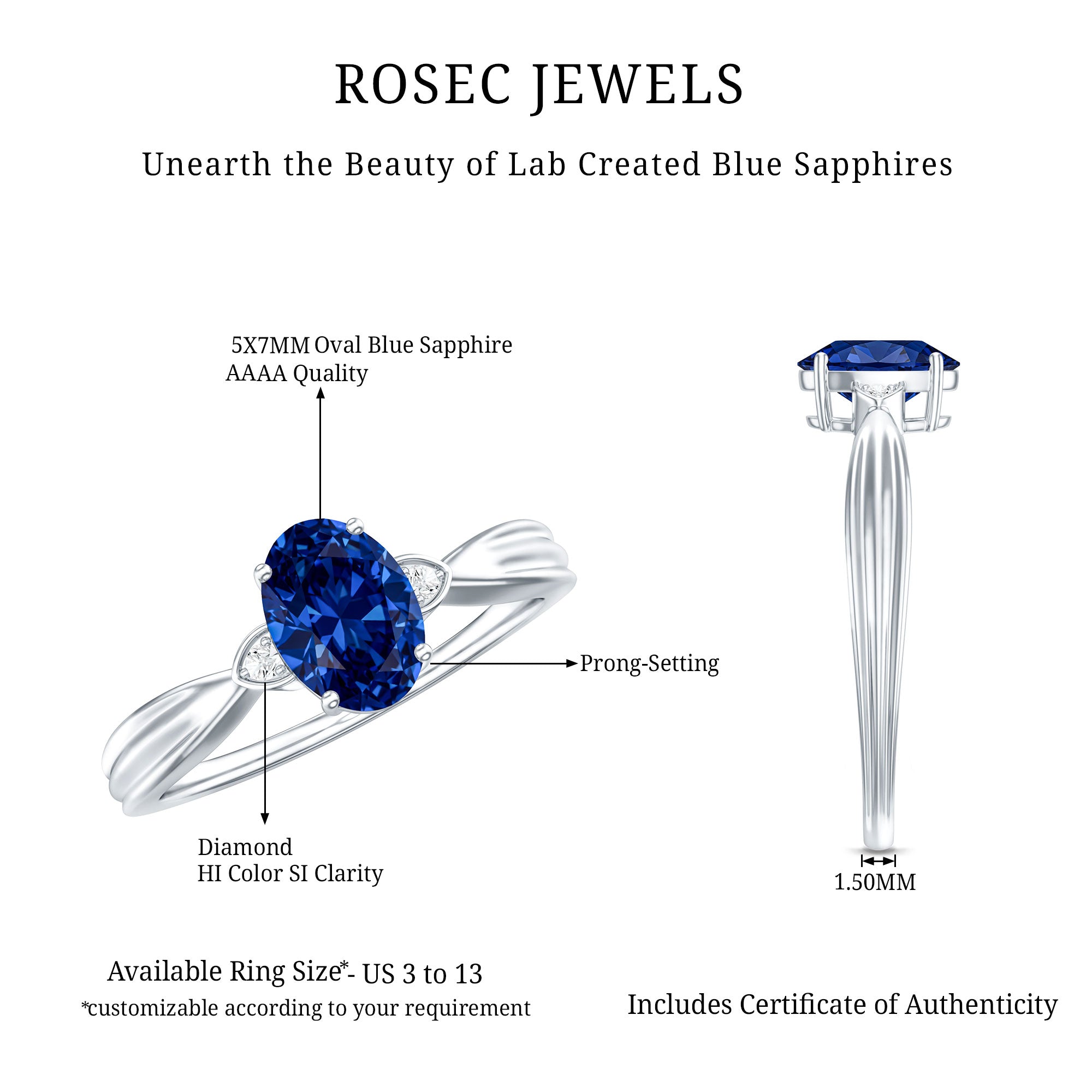 Certified 1 Carat Oval Lab Grown Blue Sapphire Solitaire Engagement Ring with Diamond AAAA - Rosec Jewels