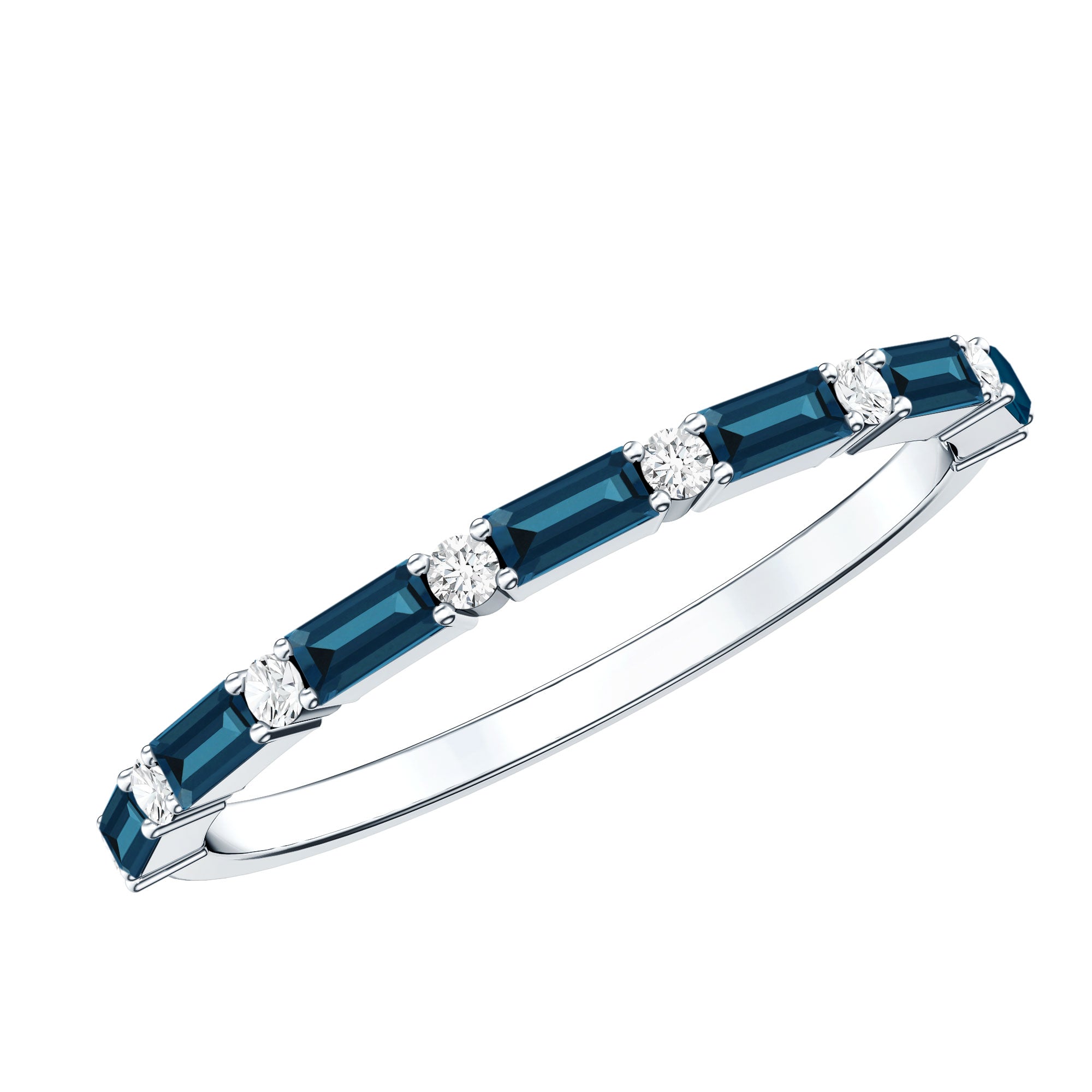 Baguette London Blue Topaz and Diamond Stackable Band Ring AAA - Rosec Jewels