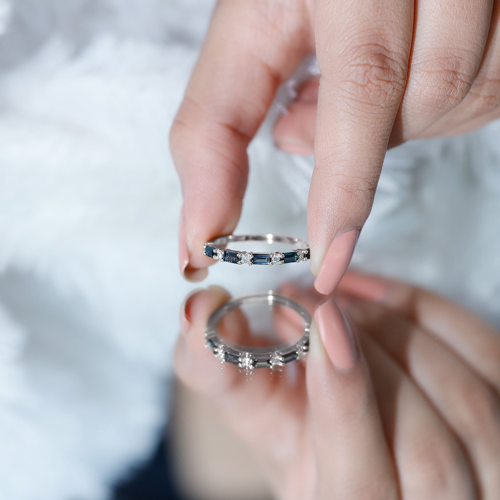 Baguette London Blue Topaz and Diamond Stackable Band Ring AAA - Rosec Jewels