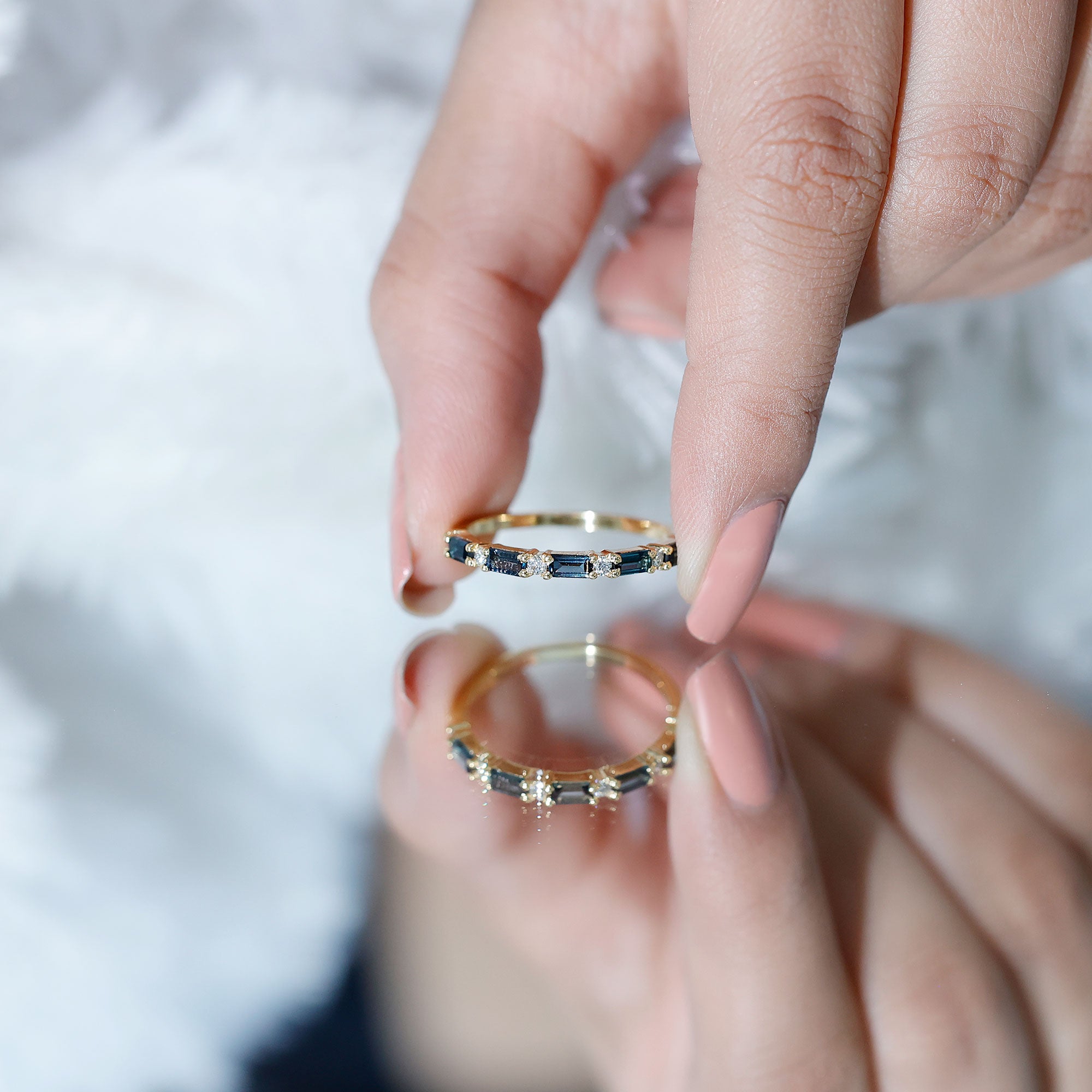 Baguette London Blue Topaz and Diamond Stackable Band Ring AAA - Rosec Jewels