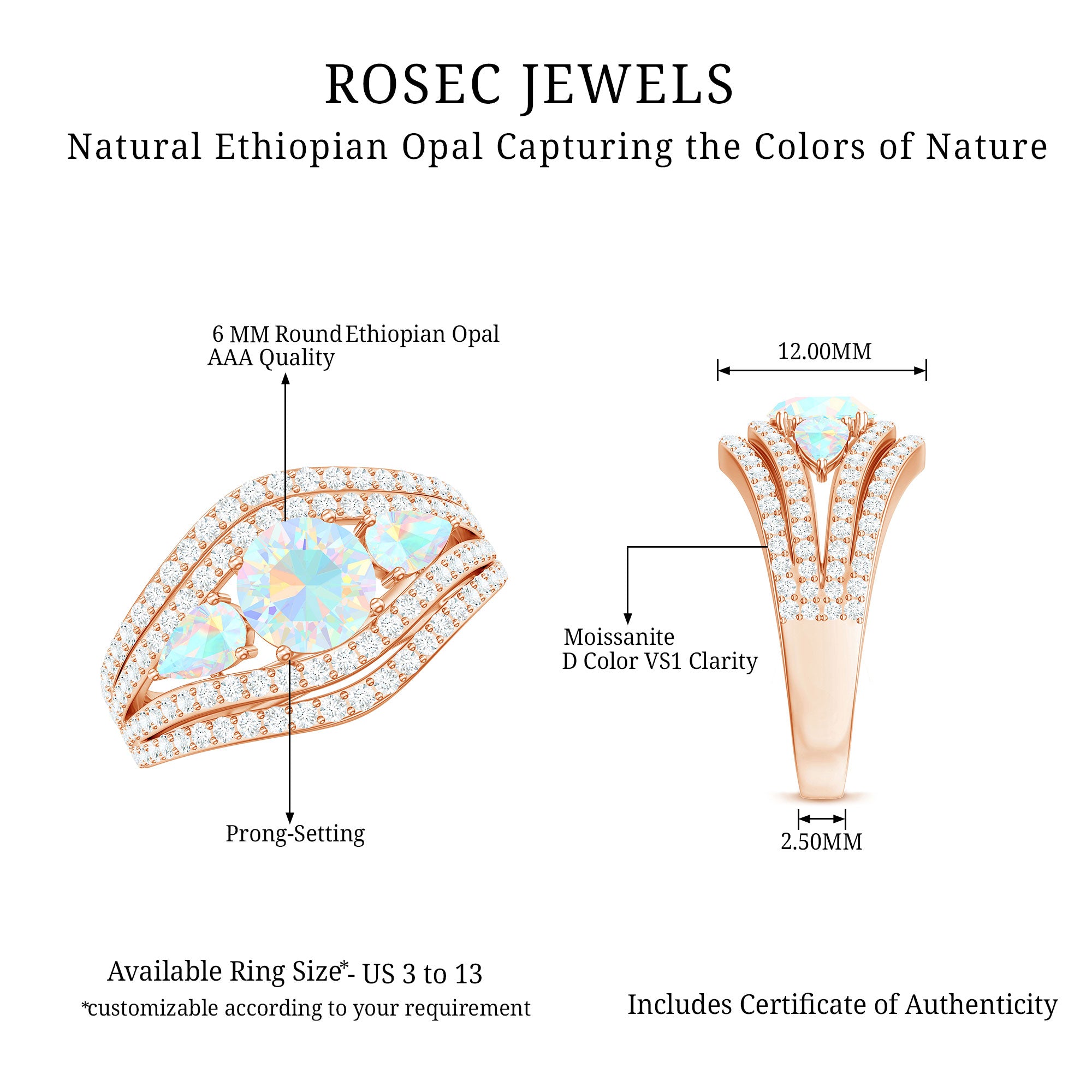 Real Ethiopian Opal 3 Stone Engagement Ring with Moissanite AAA - Rosec Jewels