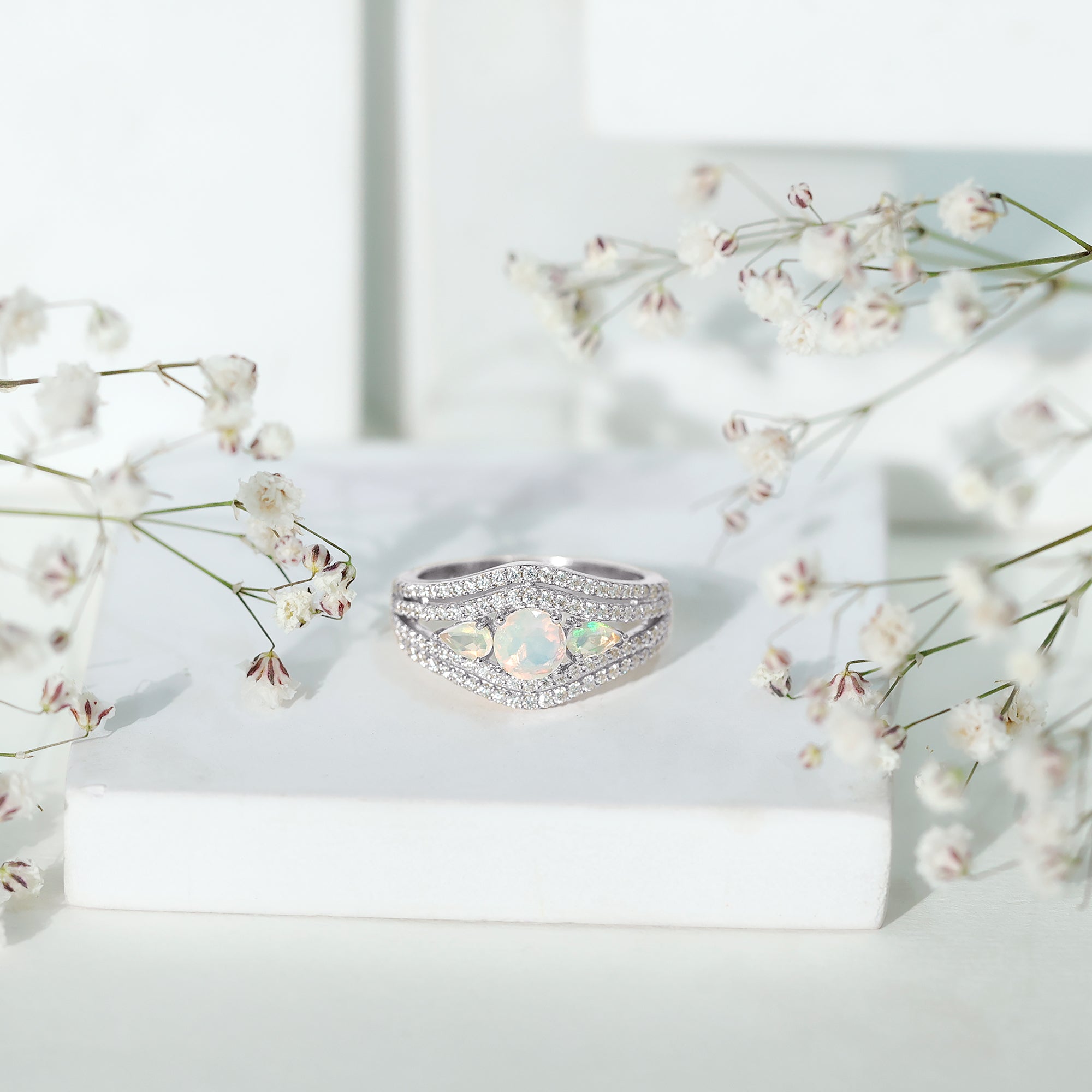 Real Ethiopian Opal 3 Stone Engagement Ring with Moissanite AAA - Rosec Jewels