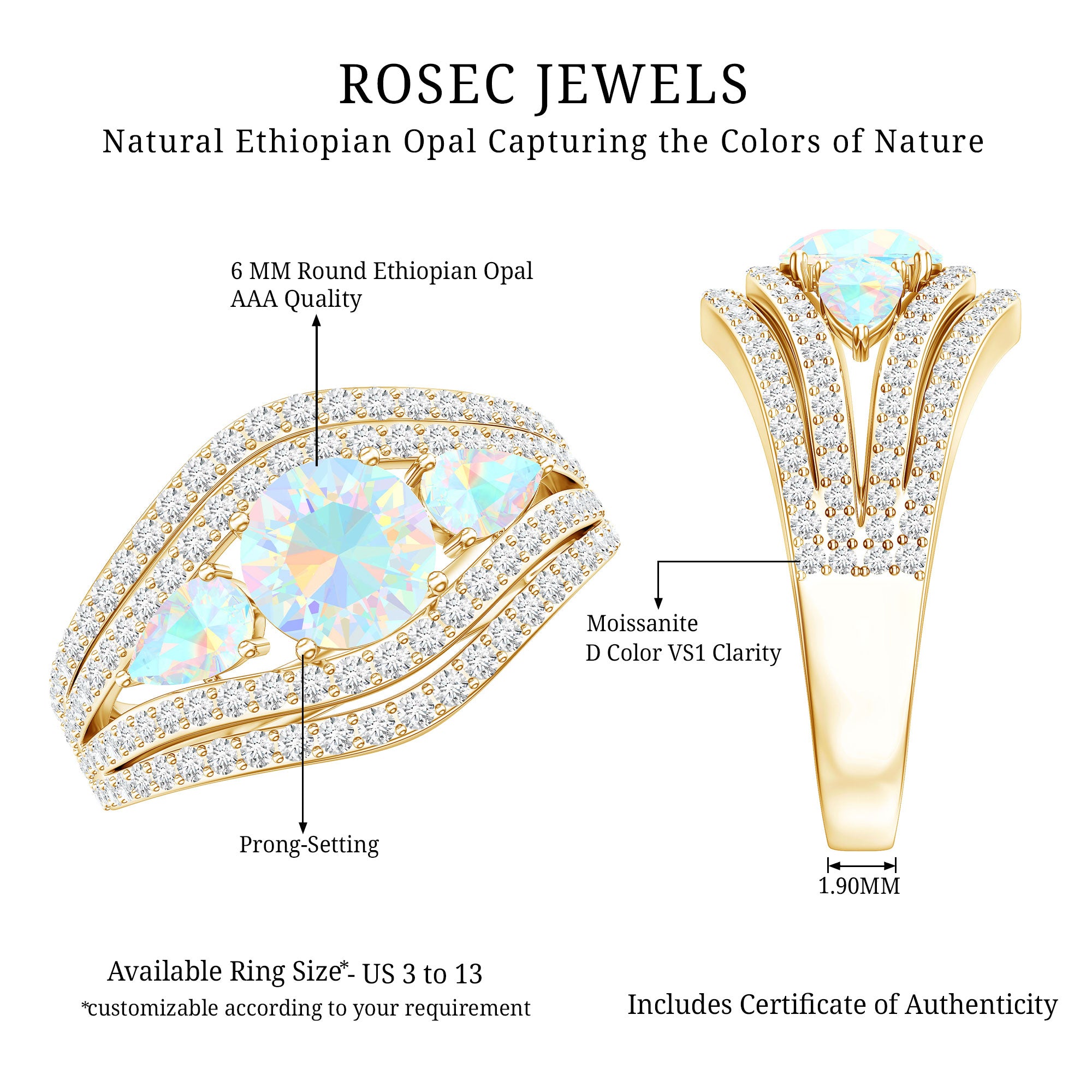 Real Ethiopian Opal 3 Stone Engagement Ring with Moissanite AAA - Rosec Jewels