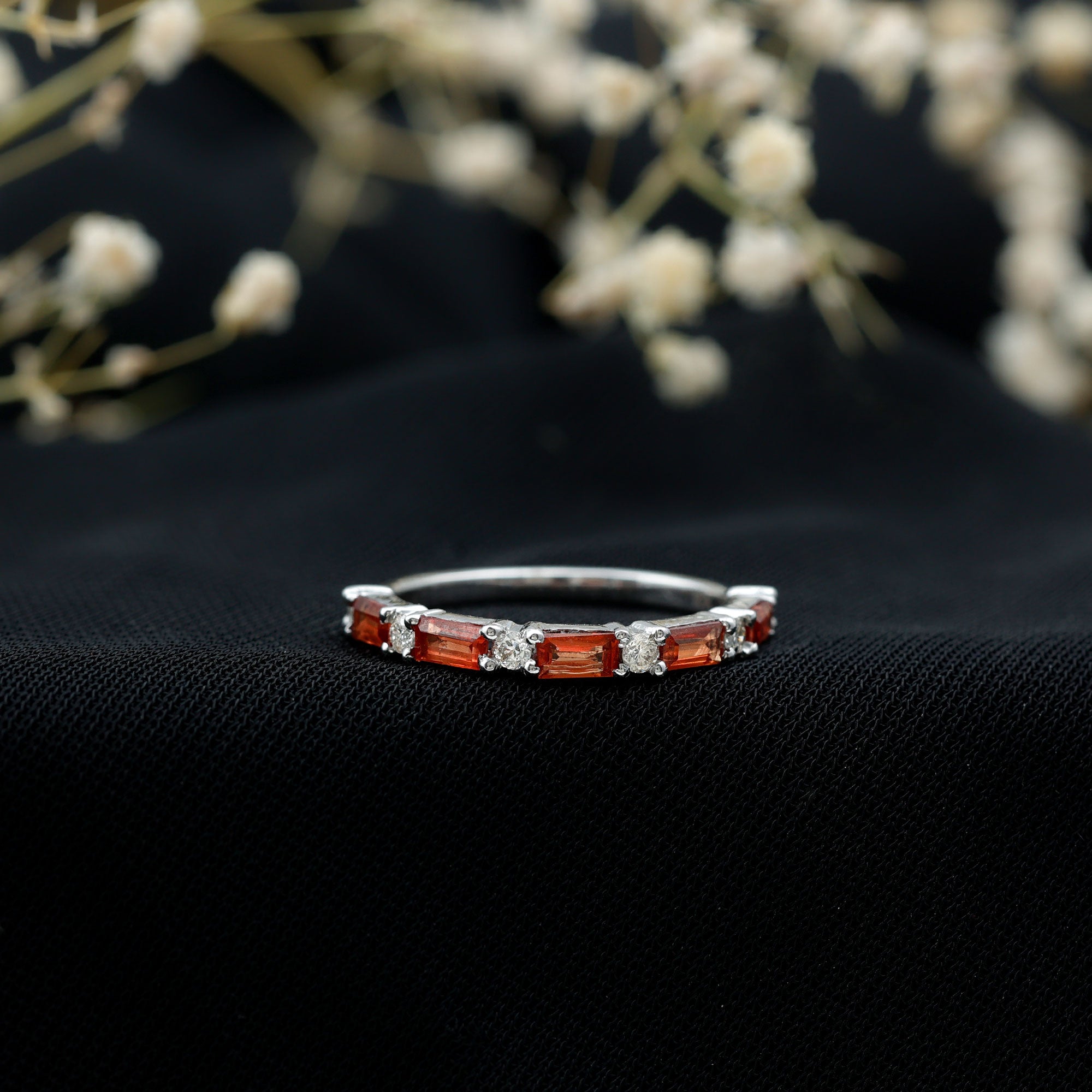 Lab Grown Orange Sapphire and Diamond Half Eternity Stackable Ring AAAA - Rosec Jewels