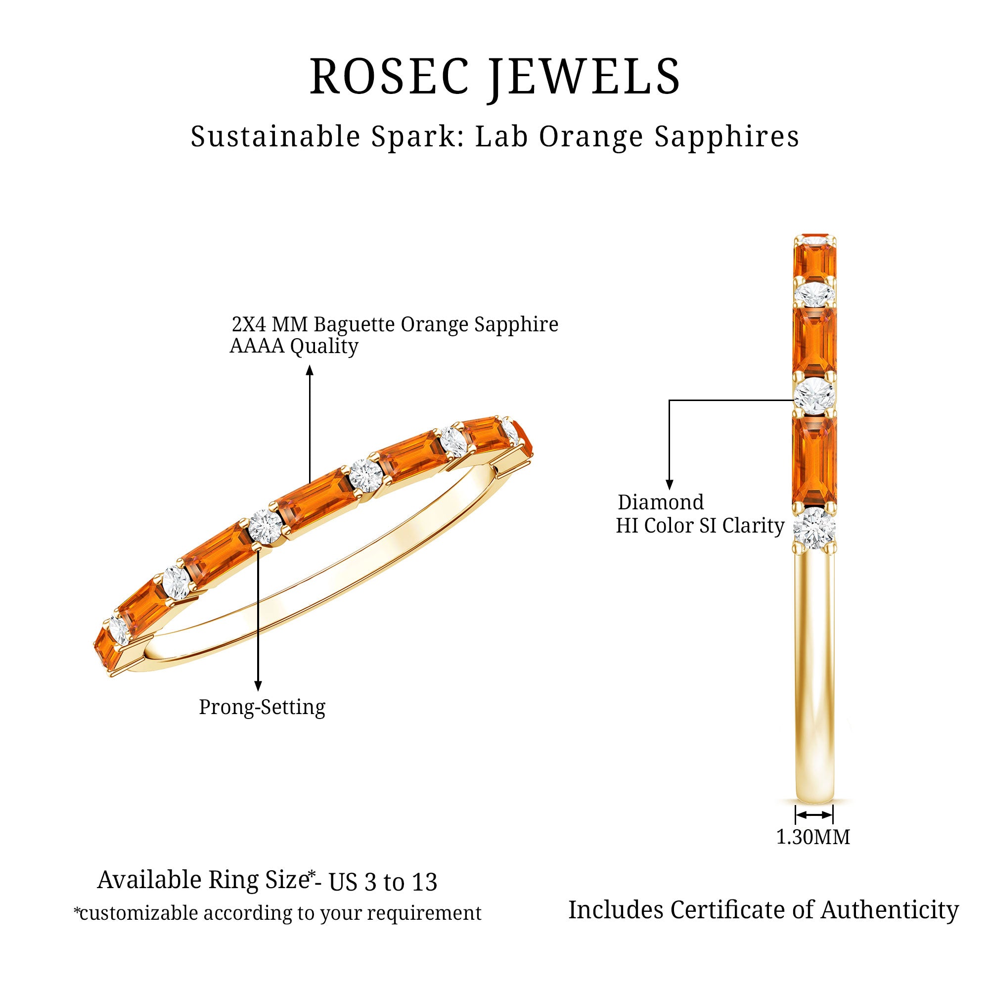 Lab Grown Orange Sapphire and Diamond Half Eternity Stackable Ring AAAA - Rosec Jewels