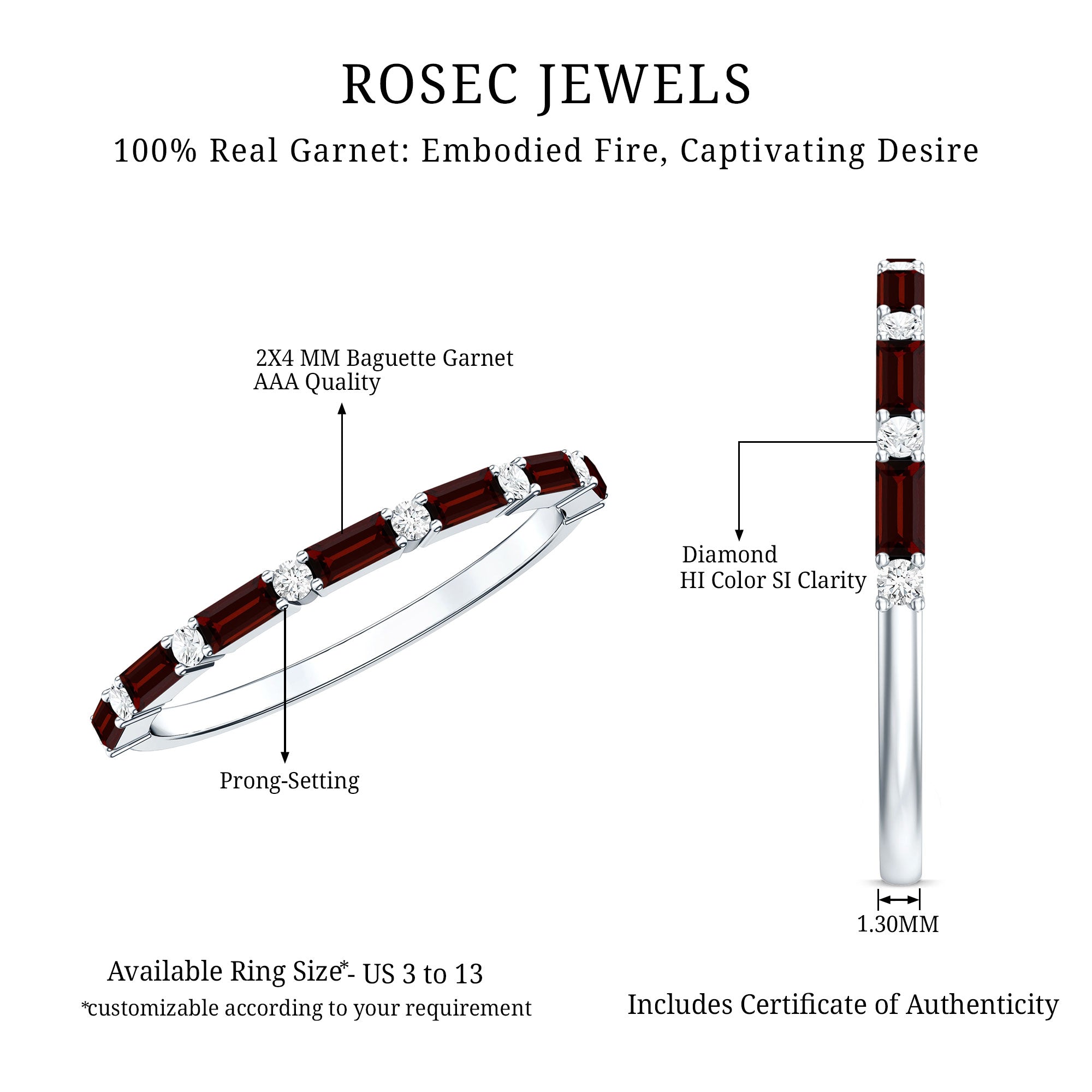 Natural Baguette Garnet Diamond Half Eternity Band With Certificate AAA - Rosec Jewels