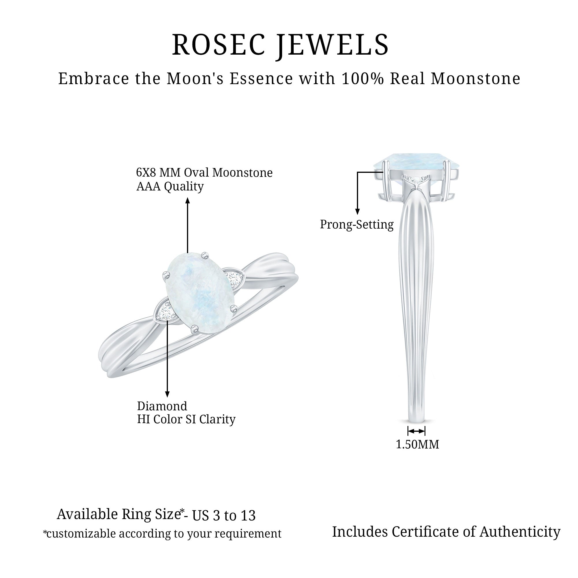 1 CT Oval Cut Moonstone Solitaire Ring with Diamond AAA - Rosec Jewels