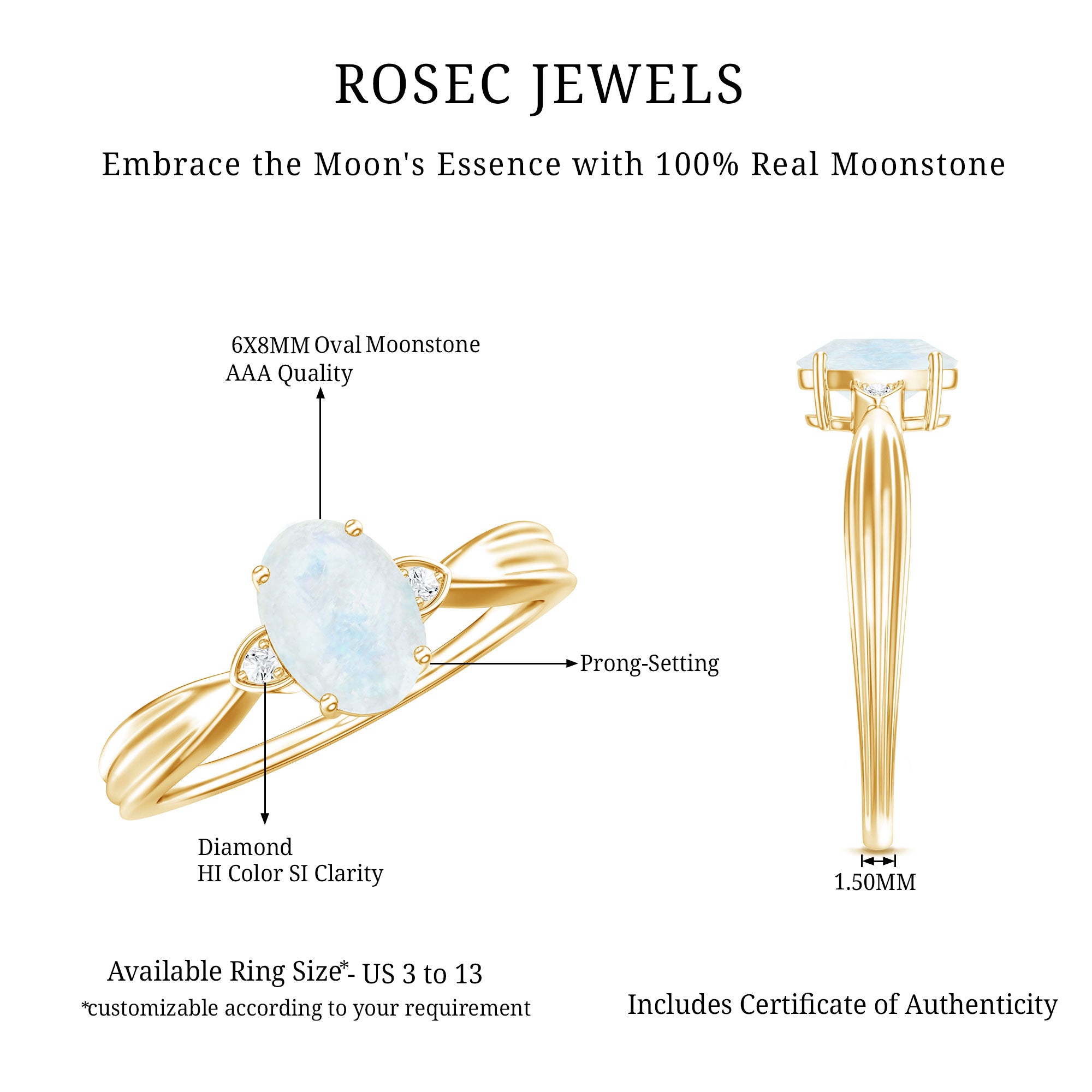 1 CT Oval Cut Moonstone Solitaire Ring with Diamond AAA - Rosec Jewels