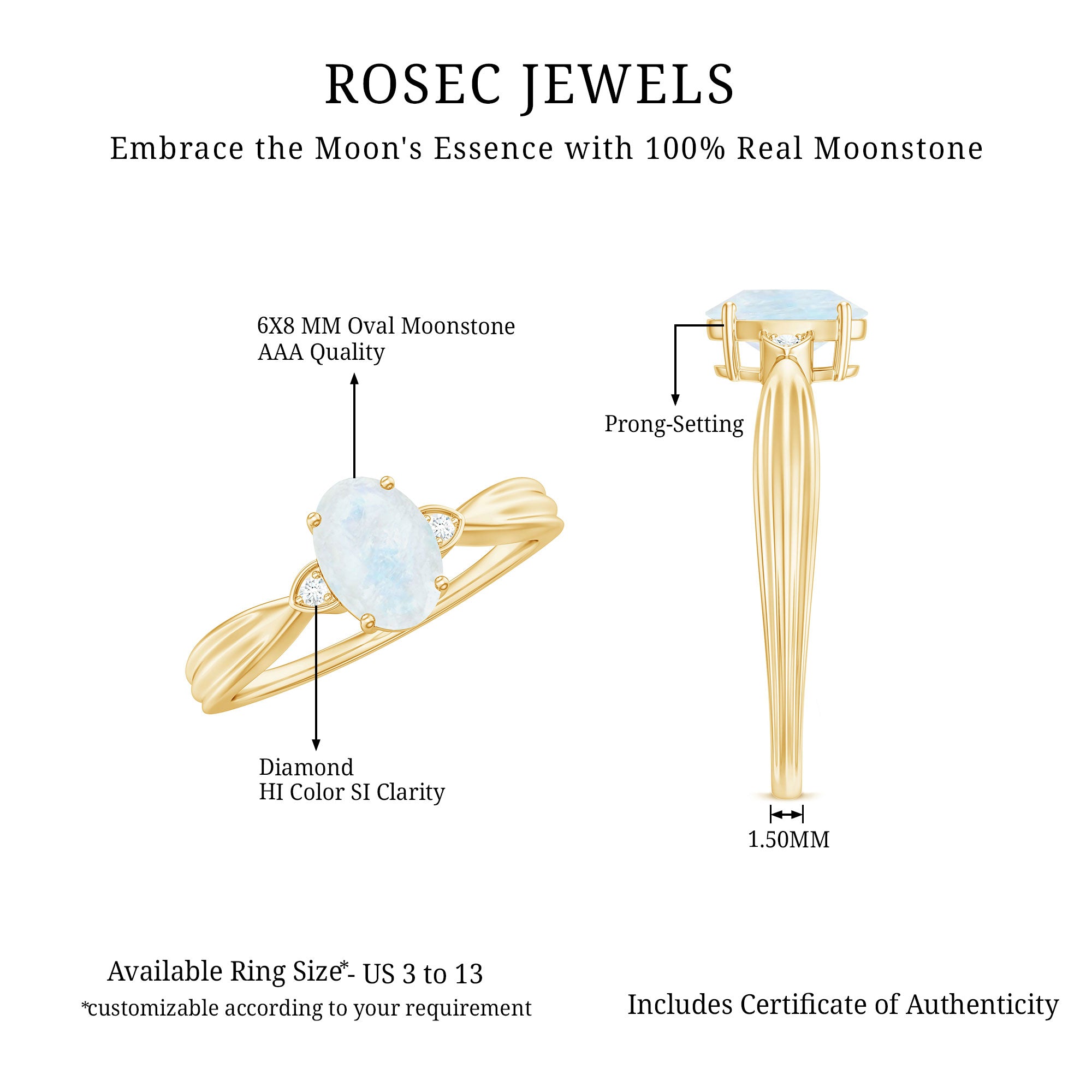1 CT Oval Cut Moonstone Solitaire Ring with Diamond AAA - Rosec Jewels