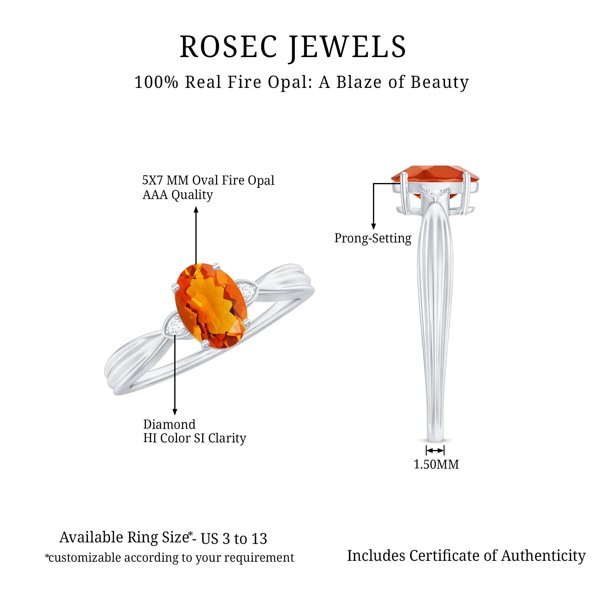 3/4 CT Oval Shape Fire Opal Engagement Ring with Diamond AAA - Rosec Jewels