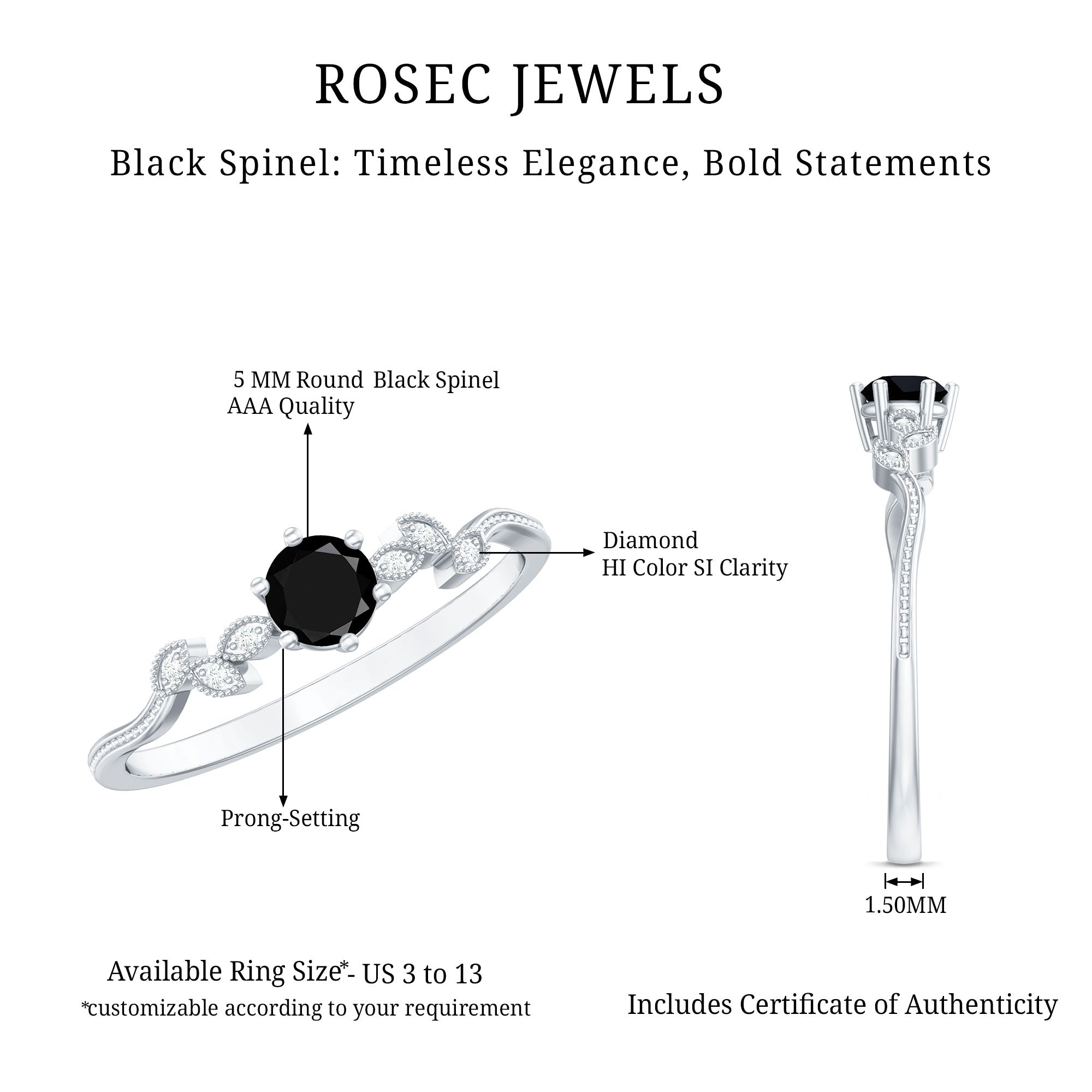 Nature Inspired Black Spinel Proposal Ring with Diamond AAA - Rosec Jewels