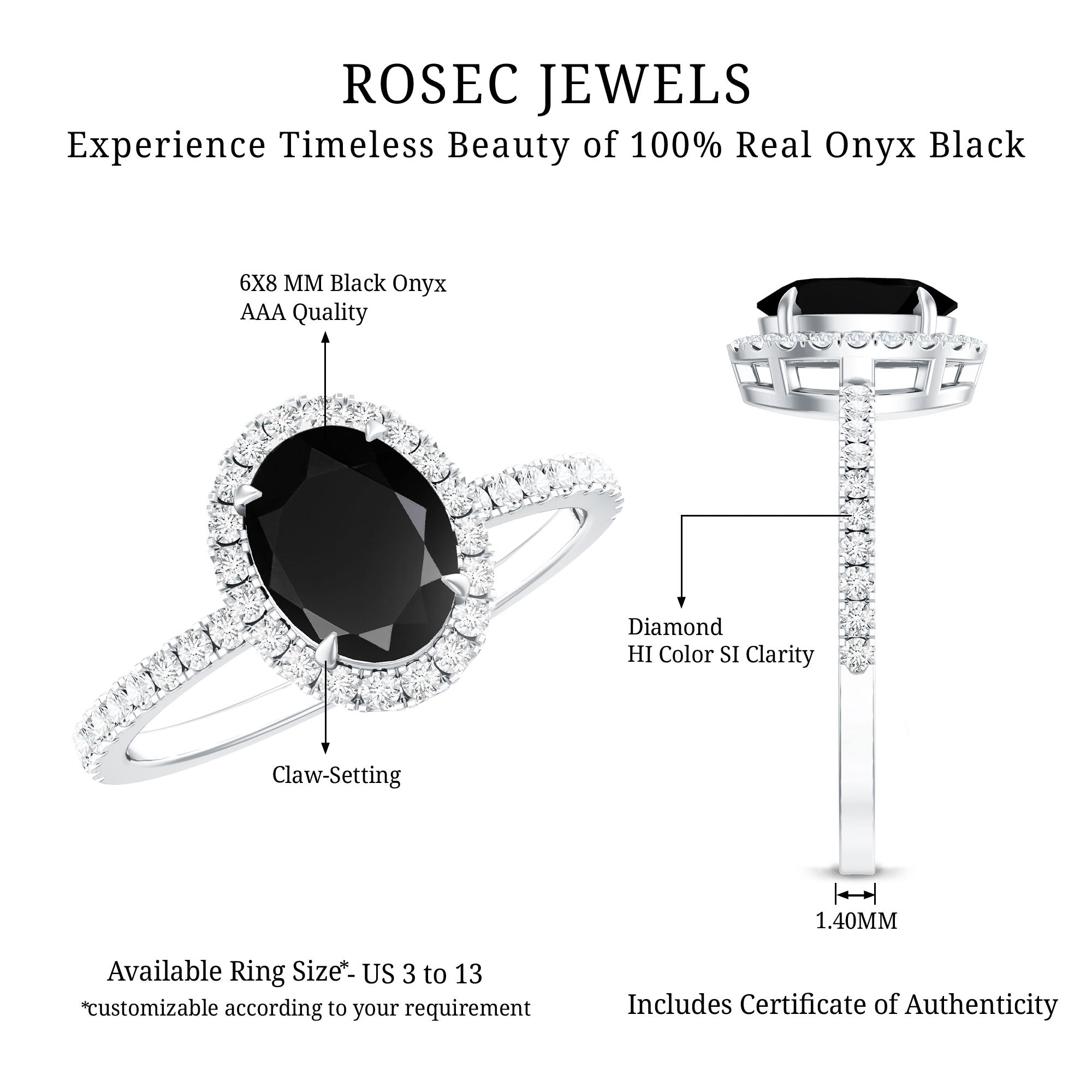 6X8MM Oval Black Onyx and Diamond Halo Engagement Ring AAA - Rosec Jewels