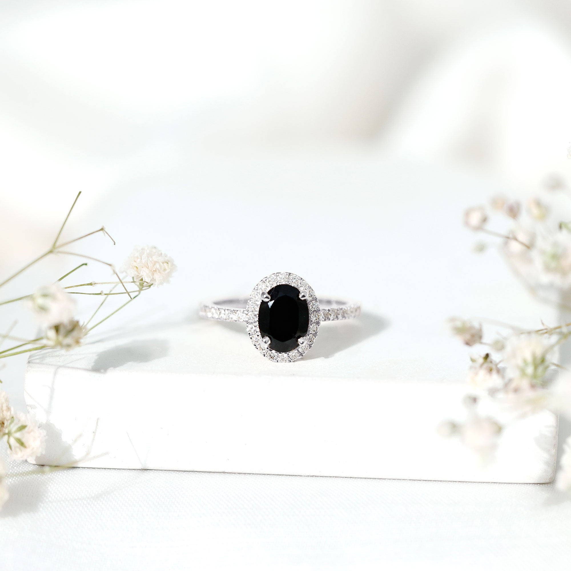 6X8MM Oval Black Onyx and Diamond Halo Engagement Ring AAA - Rosec Jewels