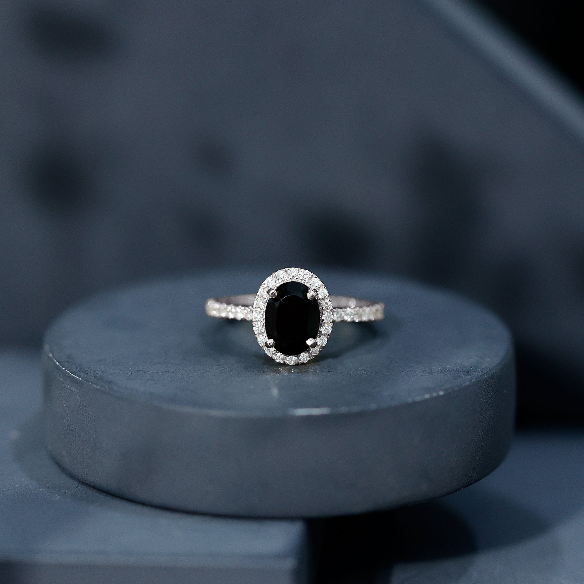 6X8MM Oval Black Onyx and Diamond Halo Engagement Ring AAA - Rosec Jewels