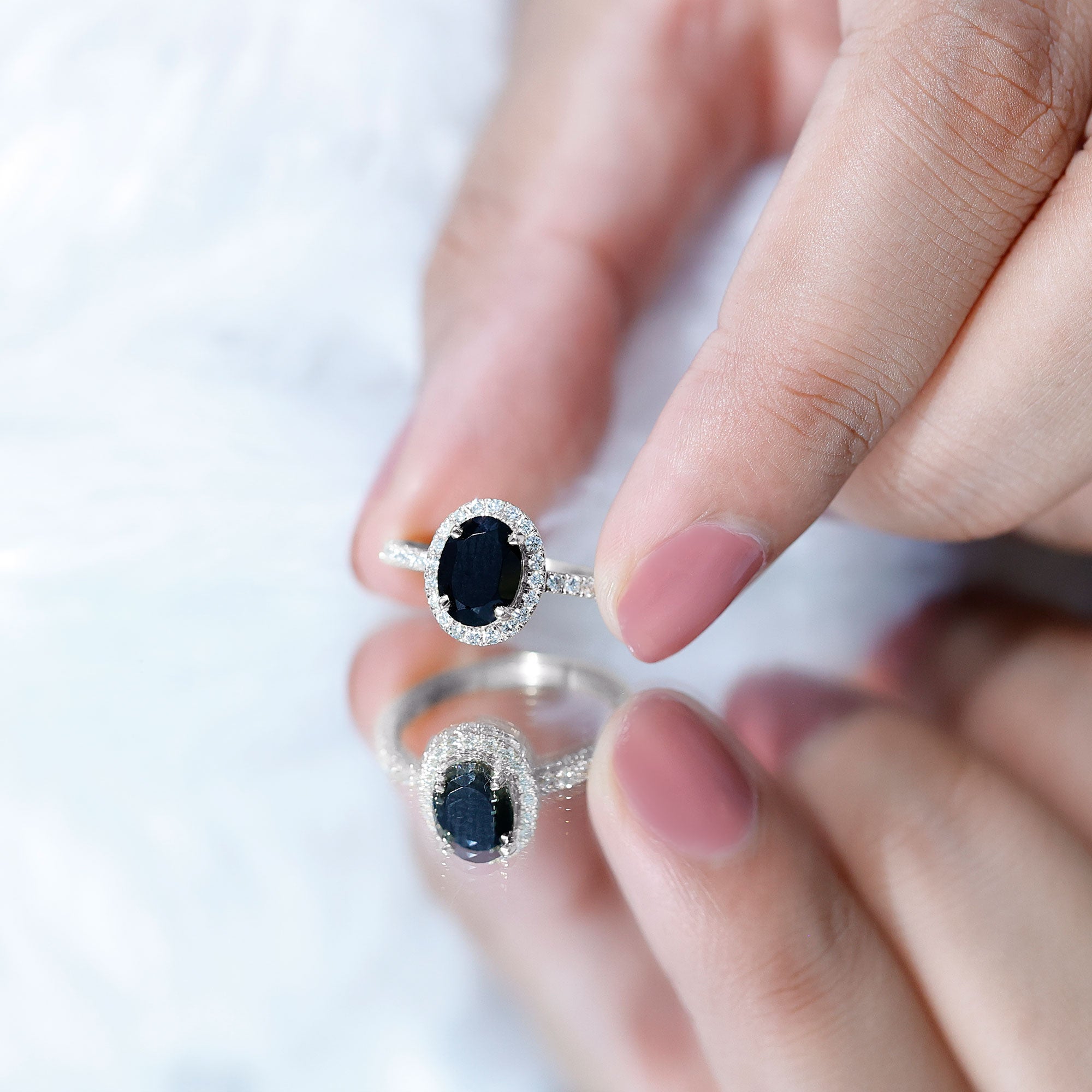 6X8MM Oval Black Onyx and Diamond Halo Engagement Ring AAA - Rosec Jewels