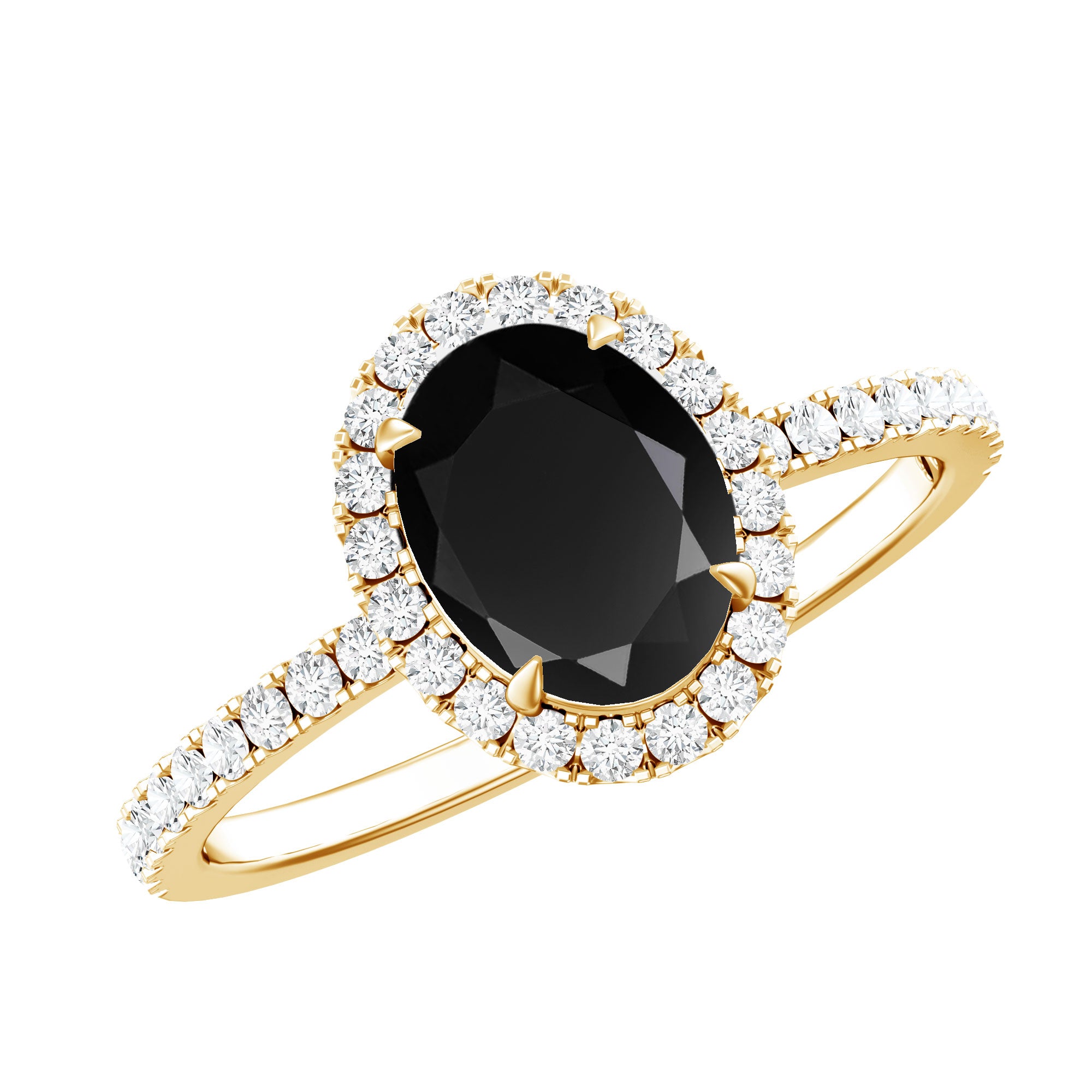 6X8MM Oval Black Onyx and Diamond Halo Engagement Ring AAA - Rosec Jewels