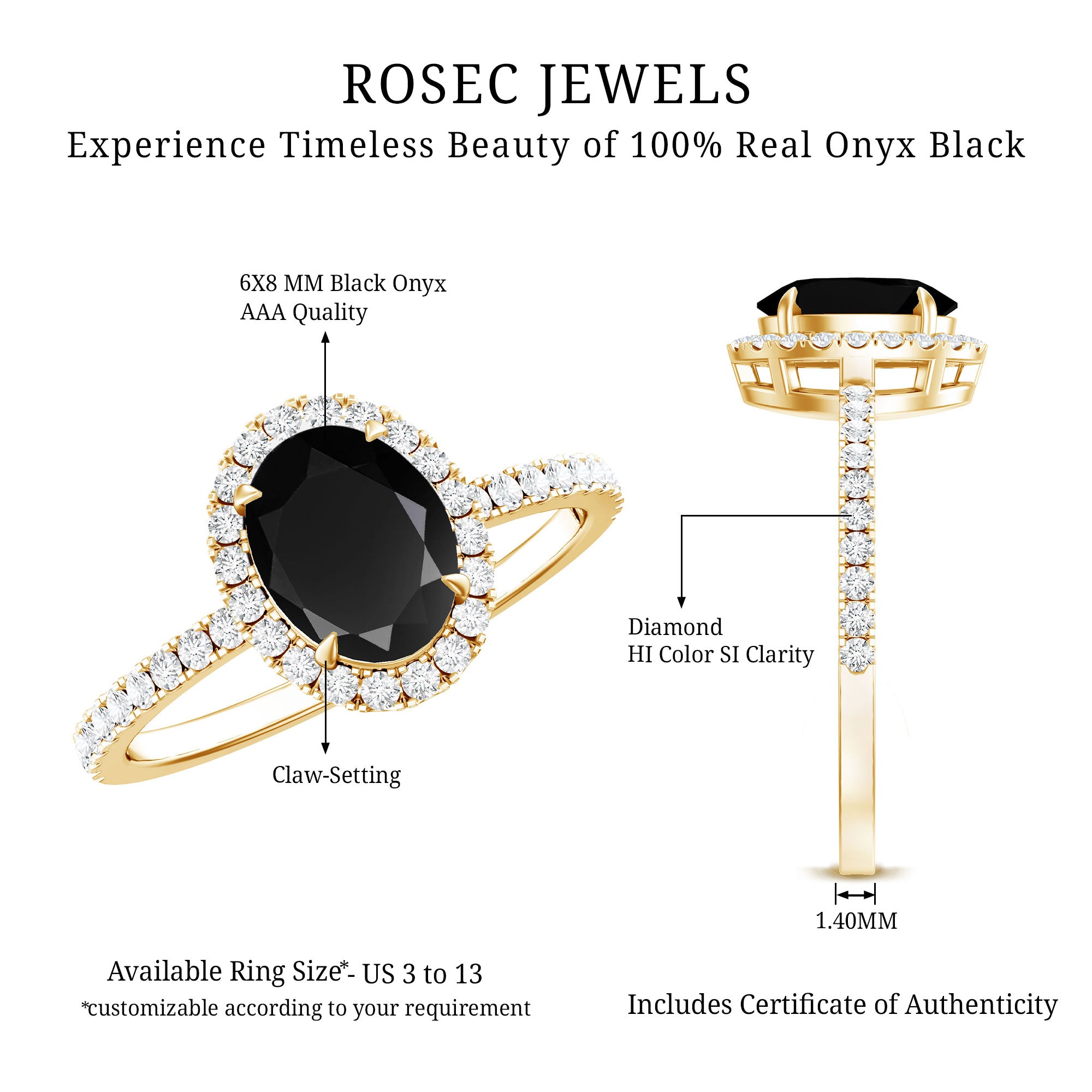 6X8MM Oval Black Onyx and Diamond Halo Engagement Ring AAA - Rosec Jewels