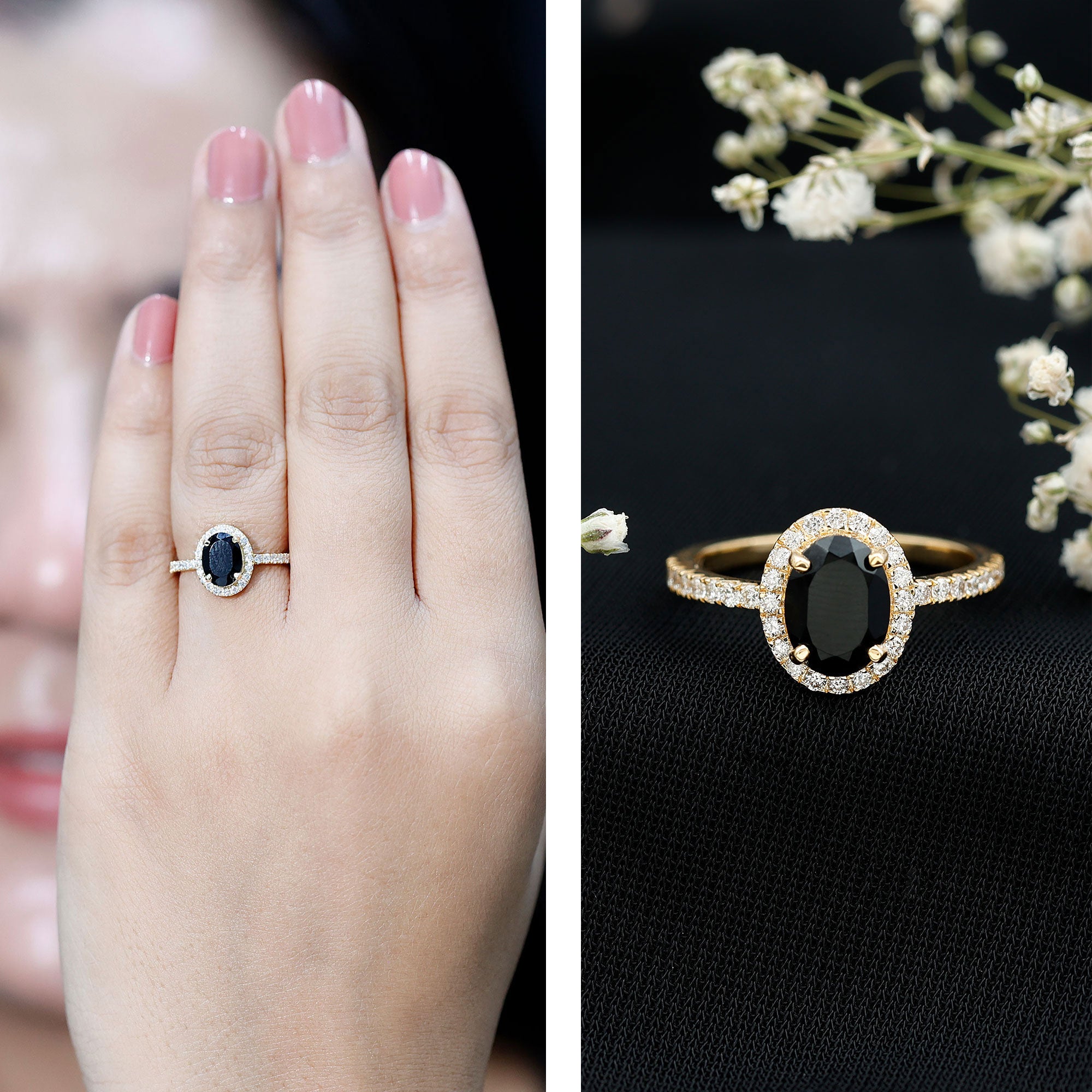 6X8MM Oval Black Onyx and Diamond Halo Engagement Ring AAA - Rosec Jewels