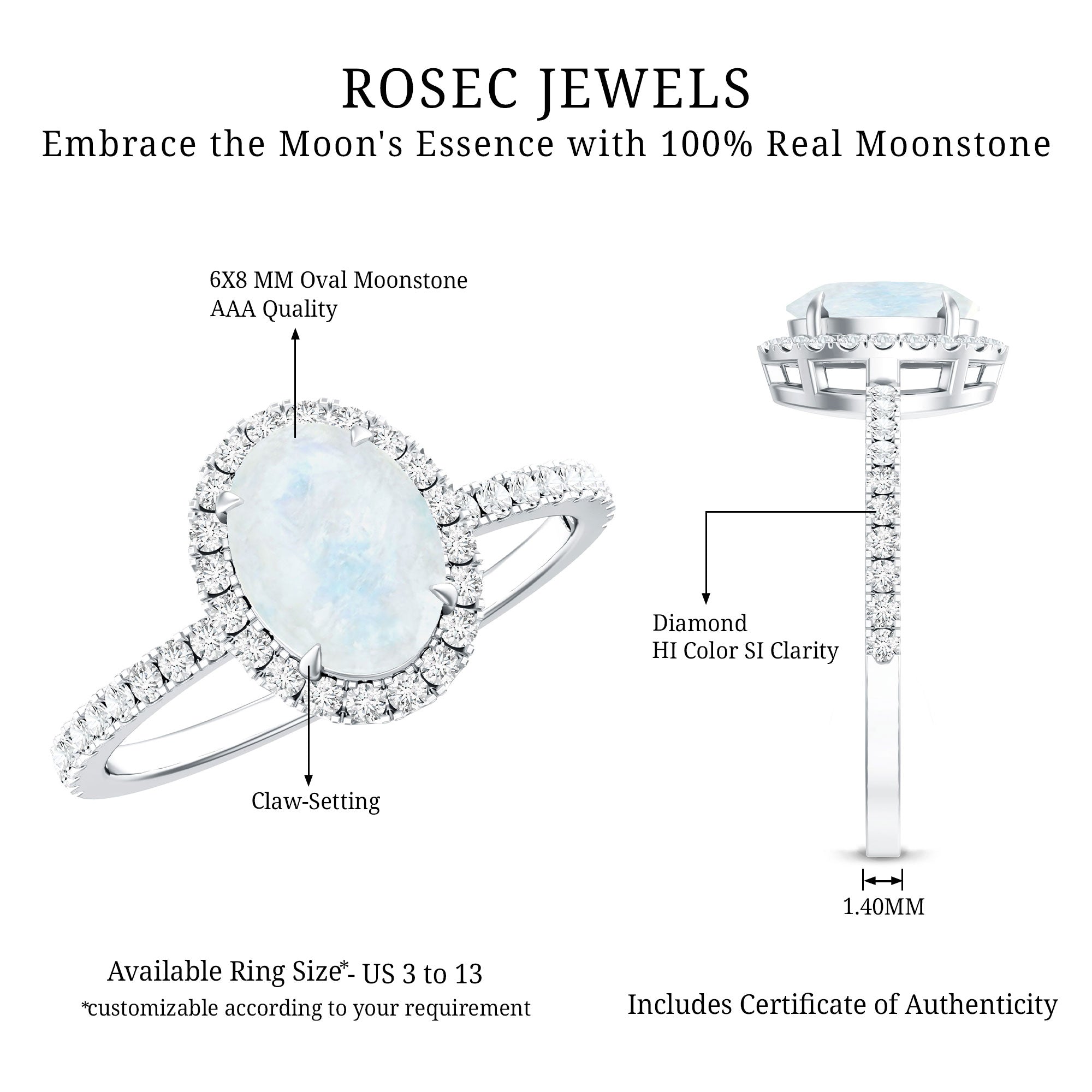 Rosec Jewels-Oval Moonstone Engagement Ring with Diamond Halo