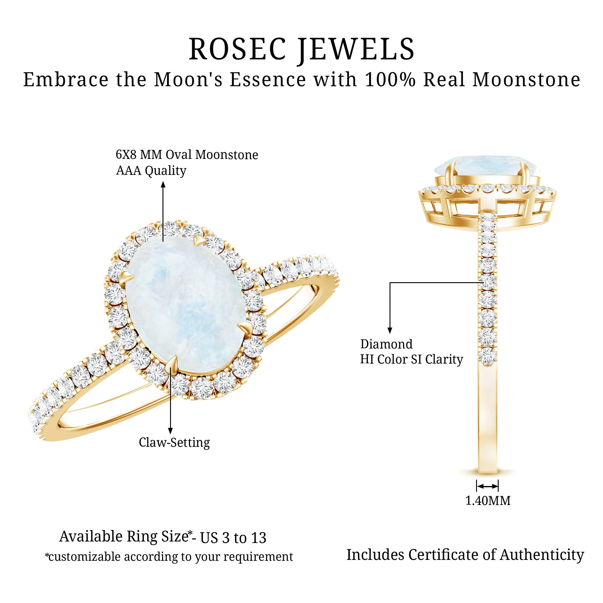 Rosec Jewels-Oval Moonstone Engagement Ring with Diamond Halo