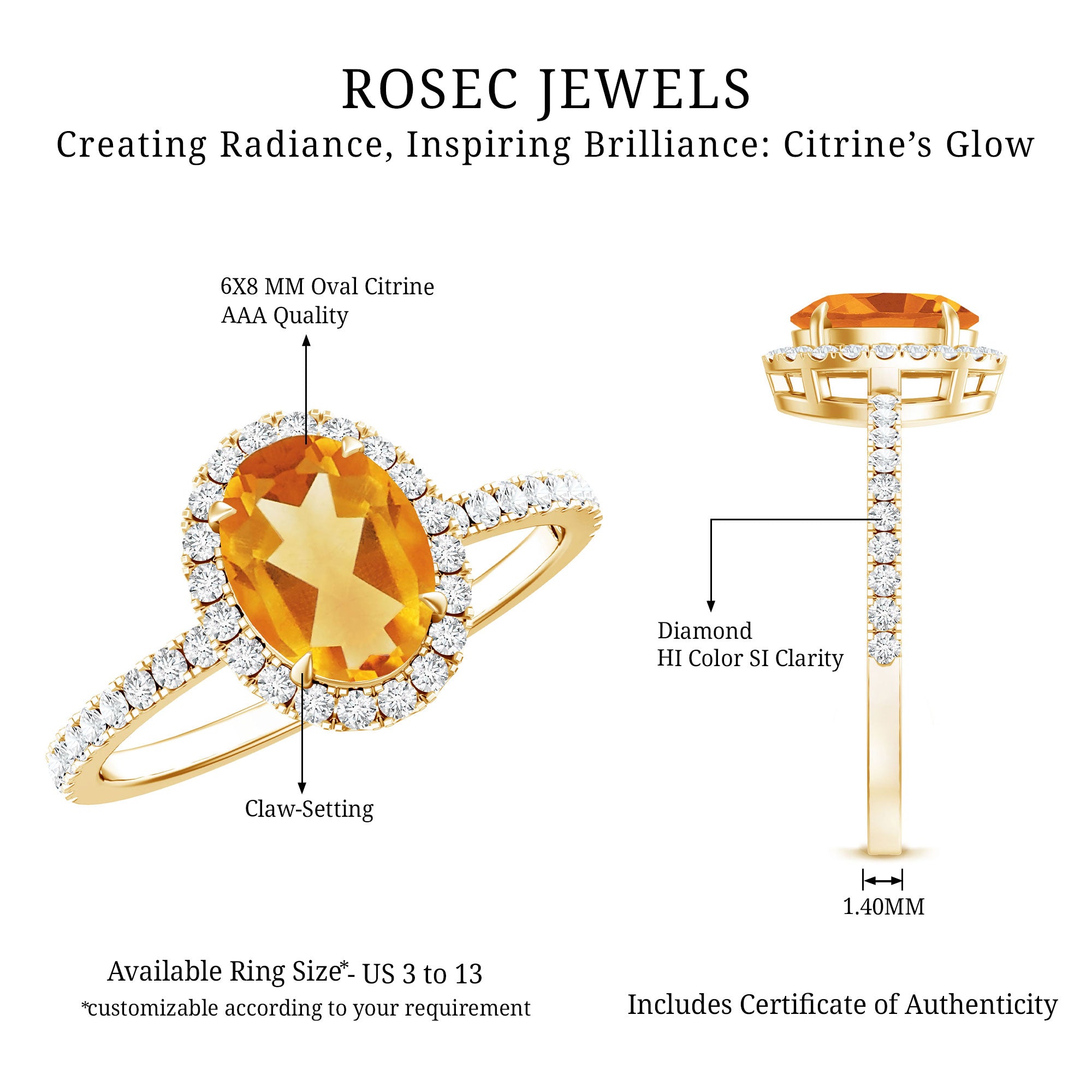 Certified Real 6X8mm Citrine Oval Engagement Ring with Diamond Halo AAA - Rosec Jewels