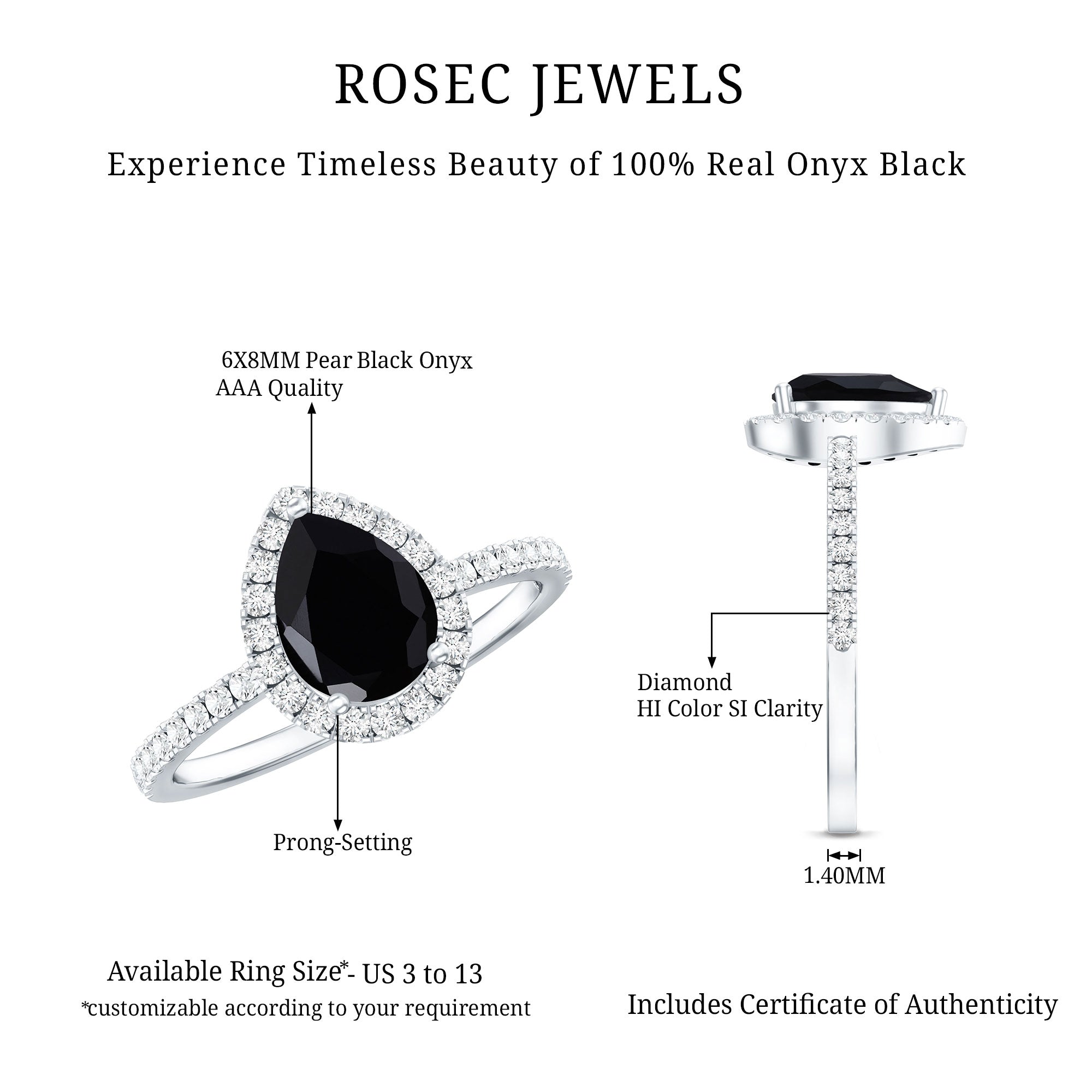 Genuine Black Onyx Teardrop Engagement Ring with Diamond AAA - Rosec Jewels