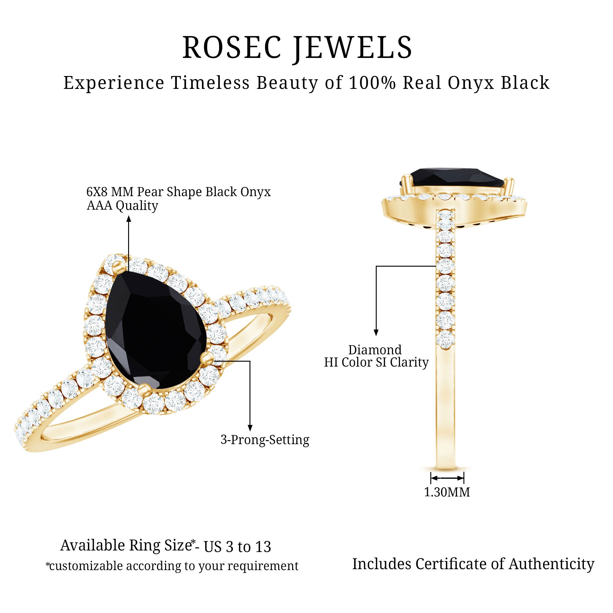Genuine Black Onyx Teardrop Engagement Ring with Diamond AAA - Rosec Jewels