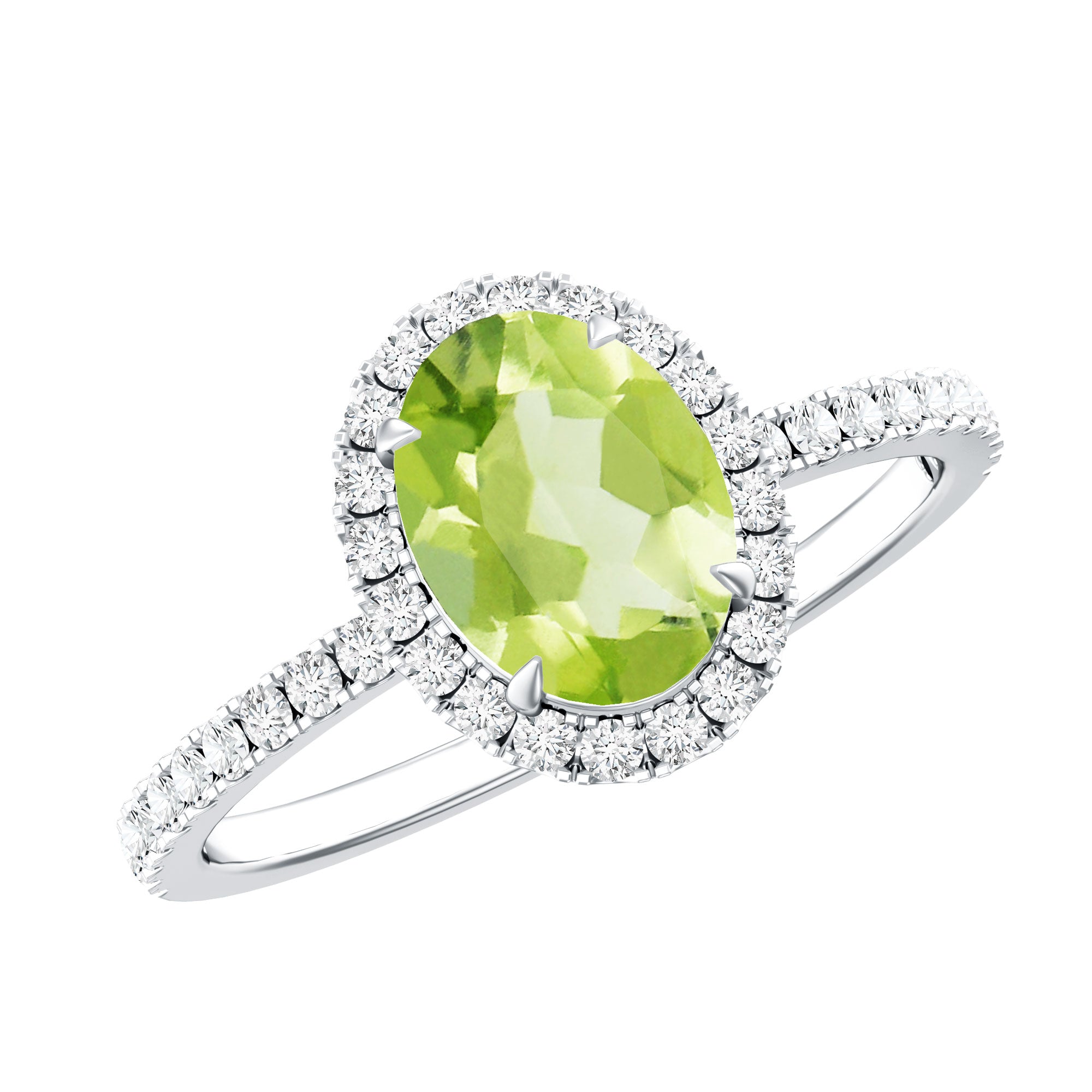 Natural 1 Carat Peridot Oval Engagement Ring with Diamond Halo AAA - Rosec Jewels