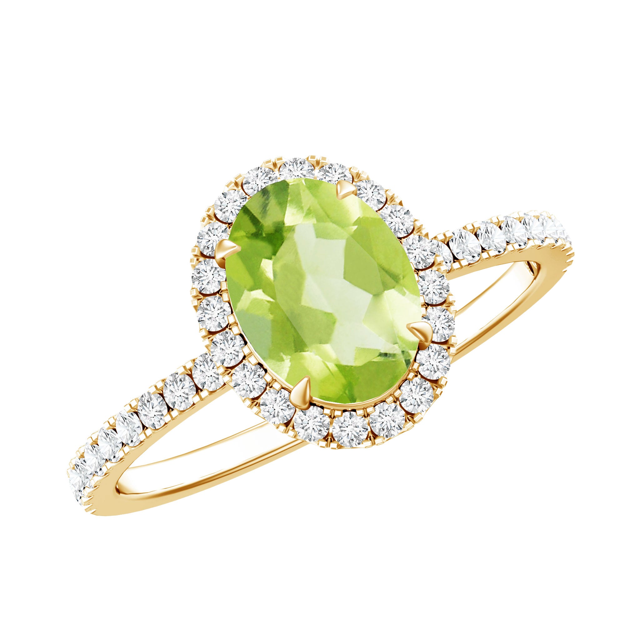 Natural 1 Carat Peridot Oval Engagement Ring with Diamond Halo AAA - Rosec Jewels