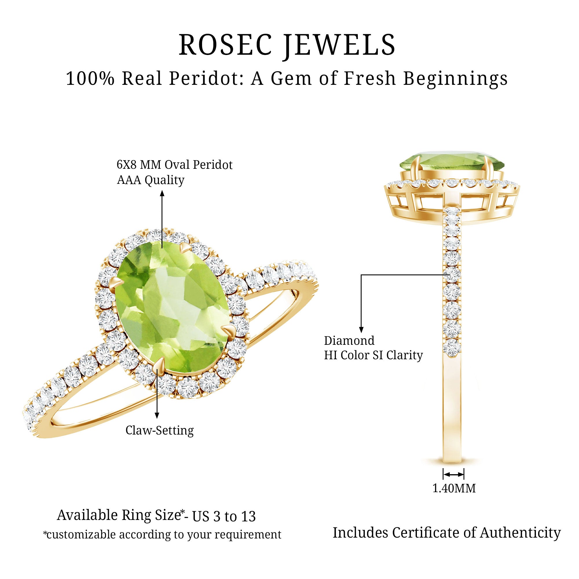 Natural 1 Carat Peridot Oval Engagement Ring with Diamond Halo AAA - Rosec Jewels